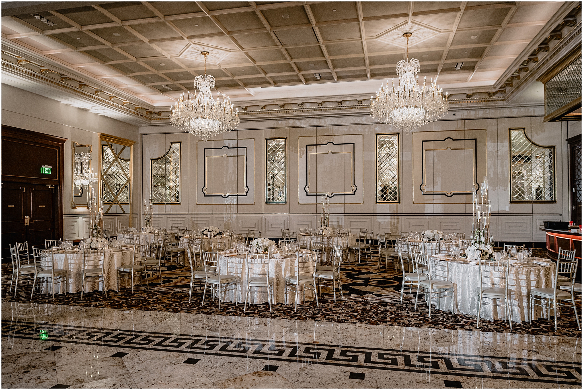 silver and white wedding reception decor in ballroom at The Shadowbrook at Shrewsbury