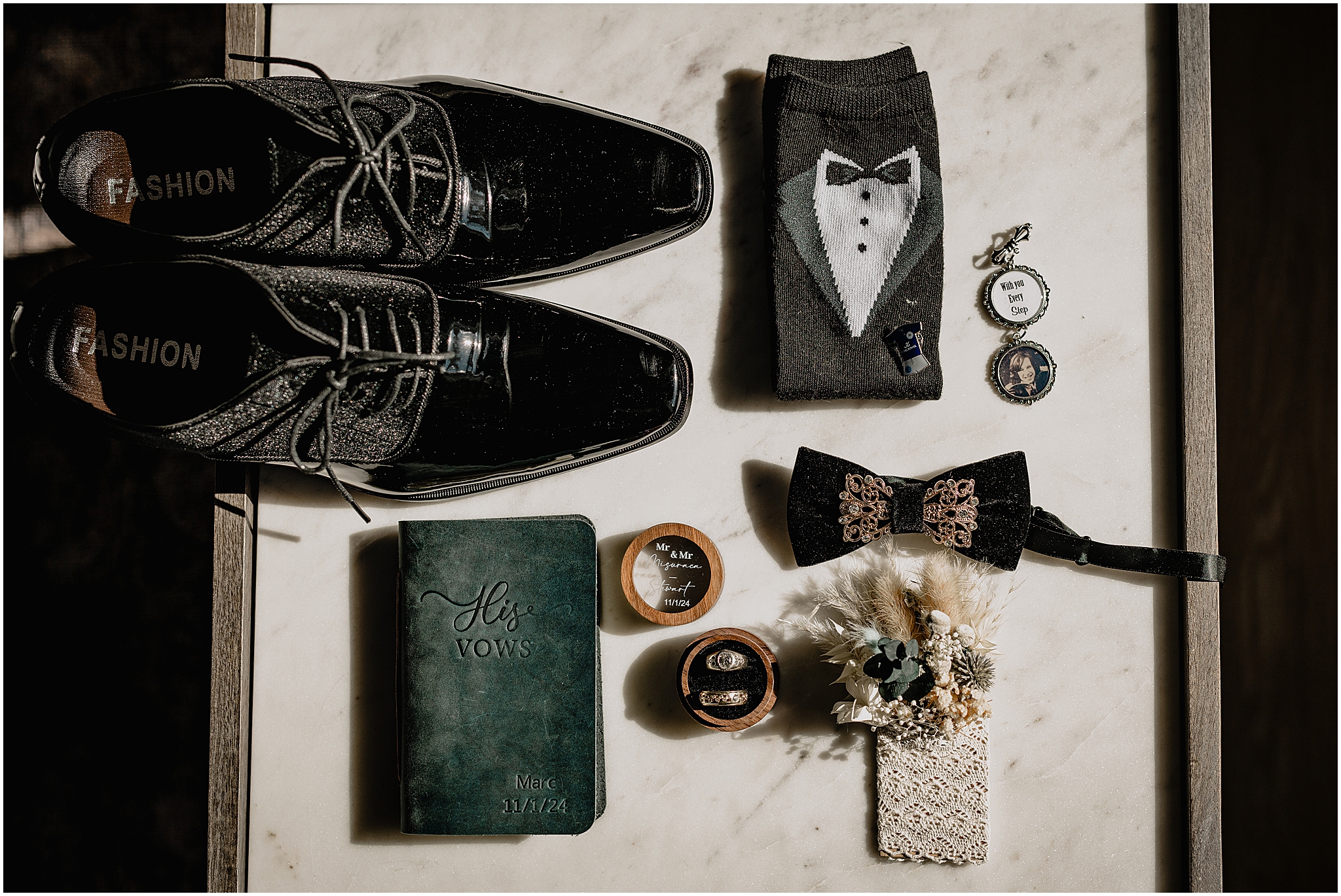 groom's black shoes, bowtie, and vow booklet for Jersey City wedding