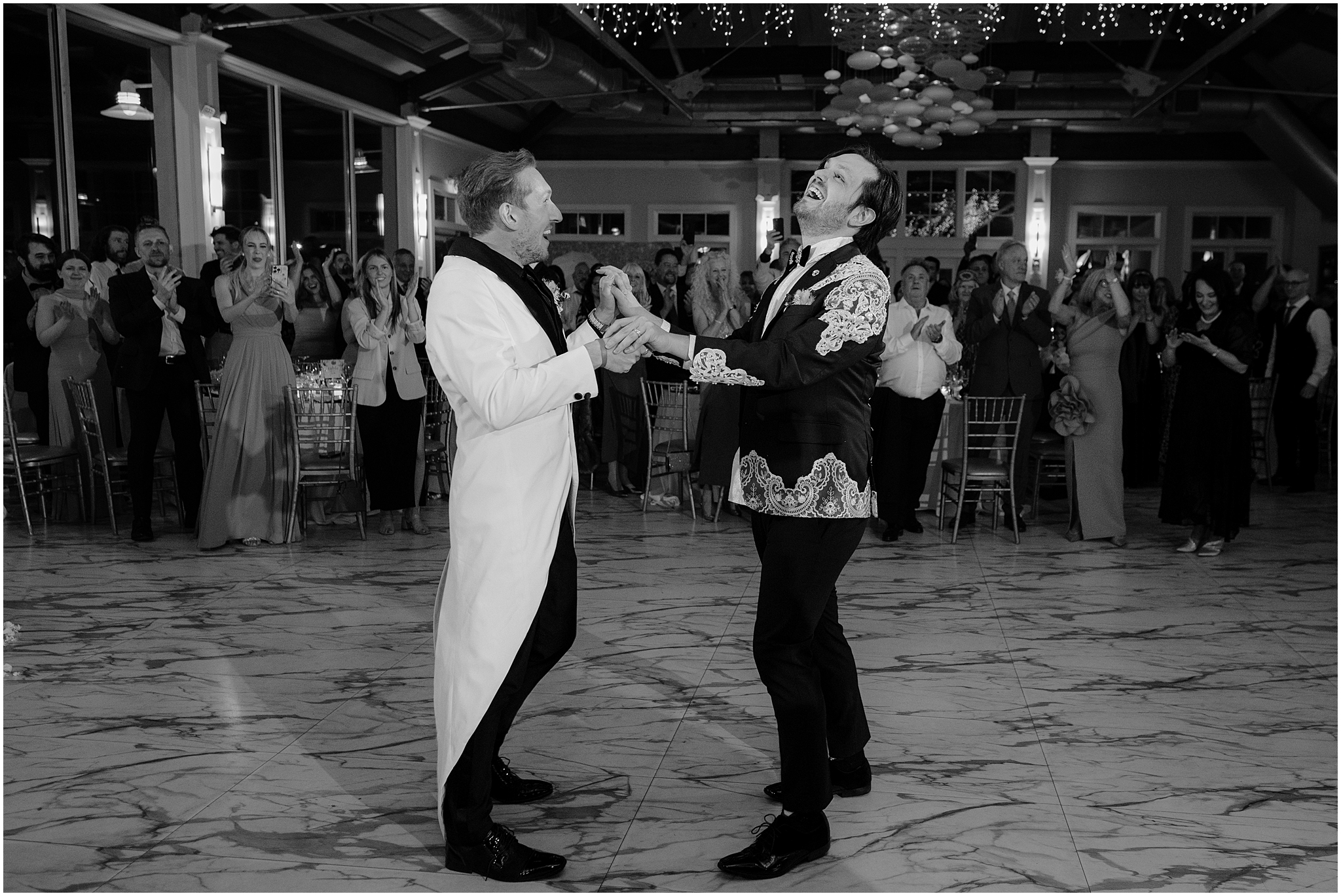 grooms dance together in ballroom at the Liberty House in Jersey City