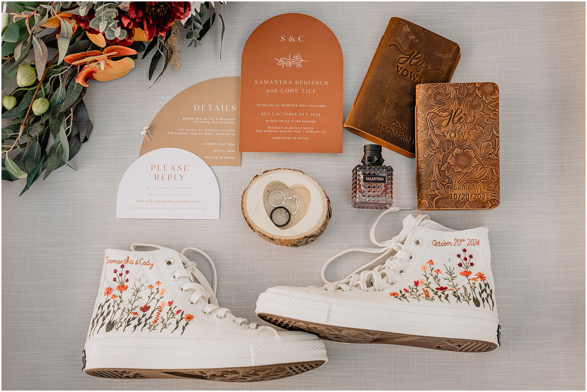 burnt orange, white, and brown details for fall wedding at the Barn at Perona Farms