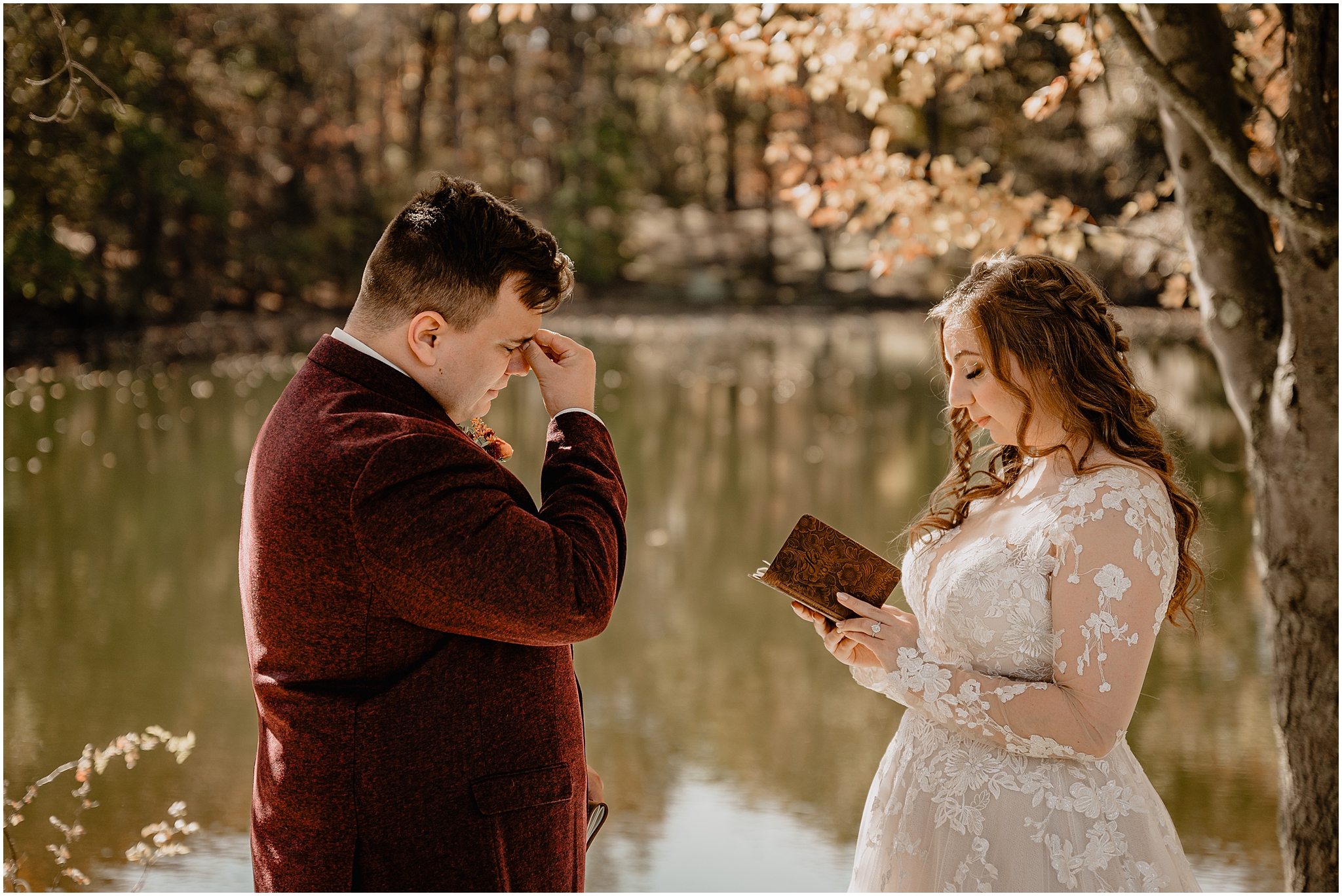 bride and groom exchange vows in front of the pond at the Barn at Perona Farms