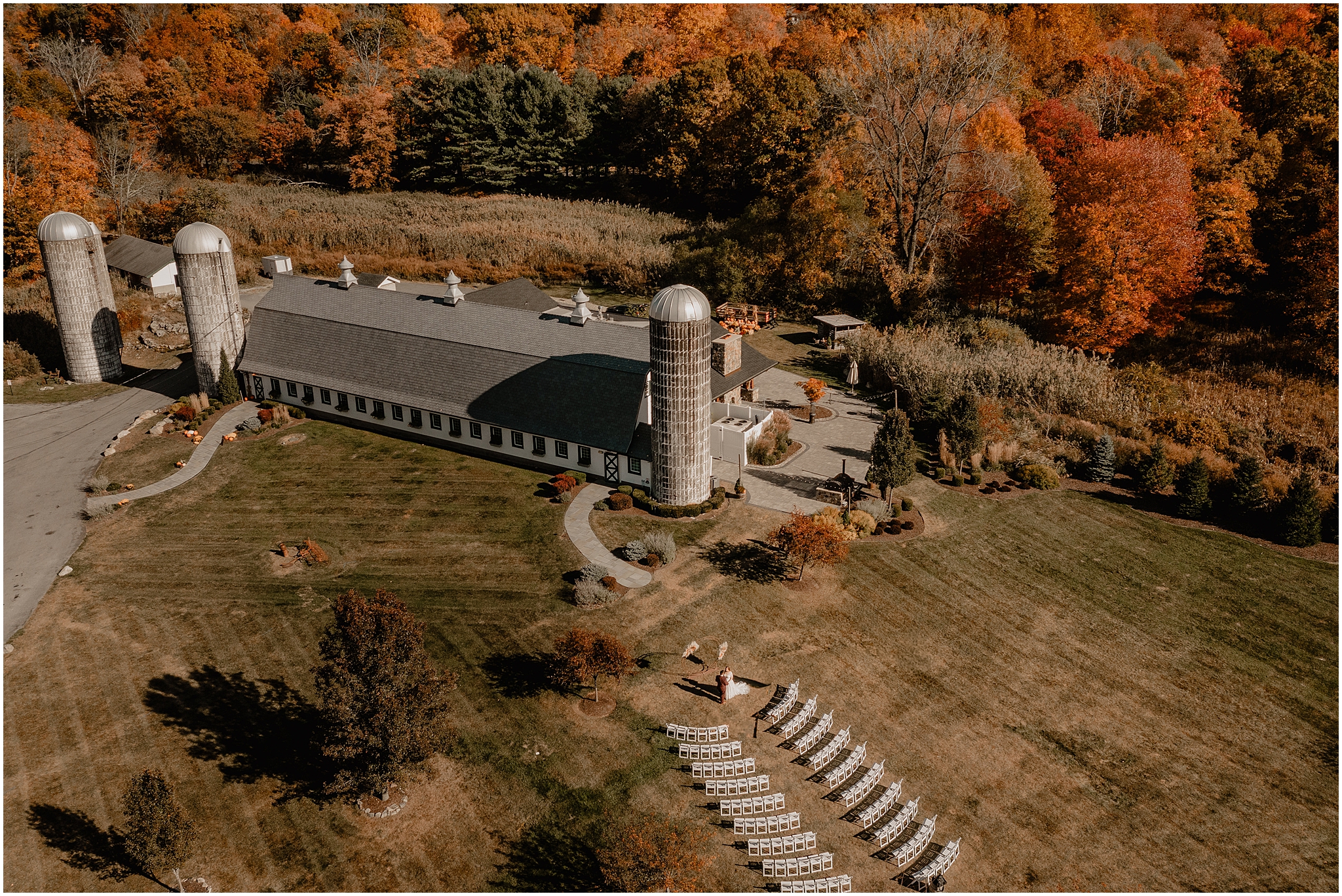 arial view of the Barn at Perona Farms ceremony site in front of barn