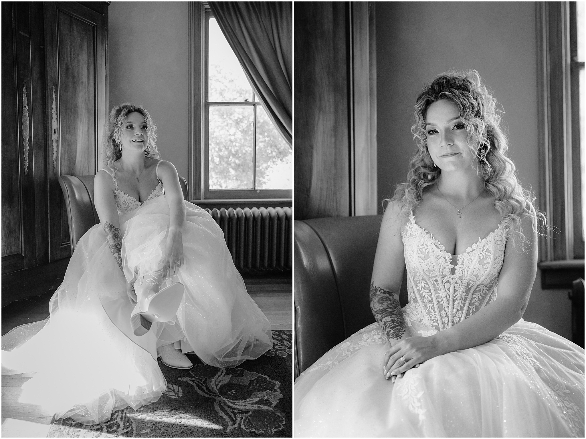 black and white portrait of bride in wedding gown with corset bodice at the Feast at Round Hill