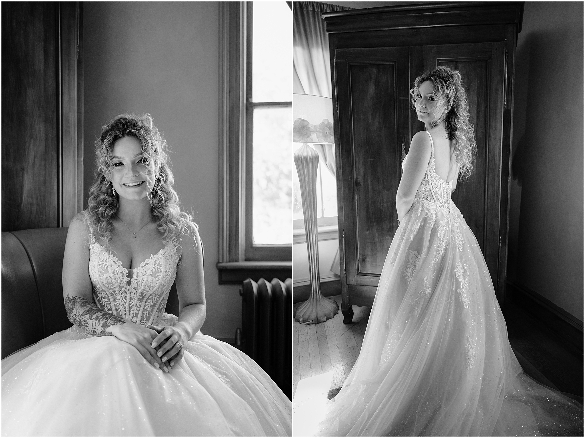 black and white portrait of bride looking over shoulder and sitting in adding gown with corset bodice at the Feast at Round Hill