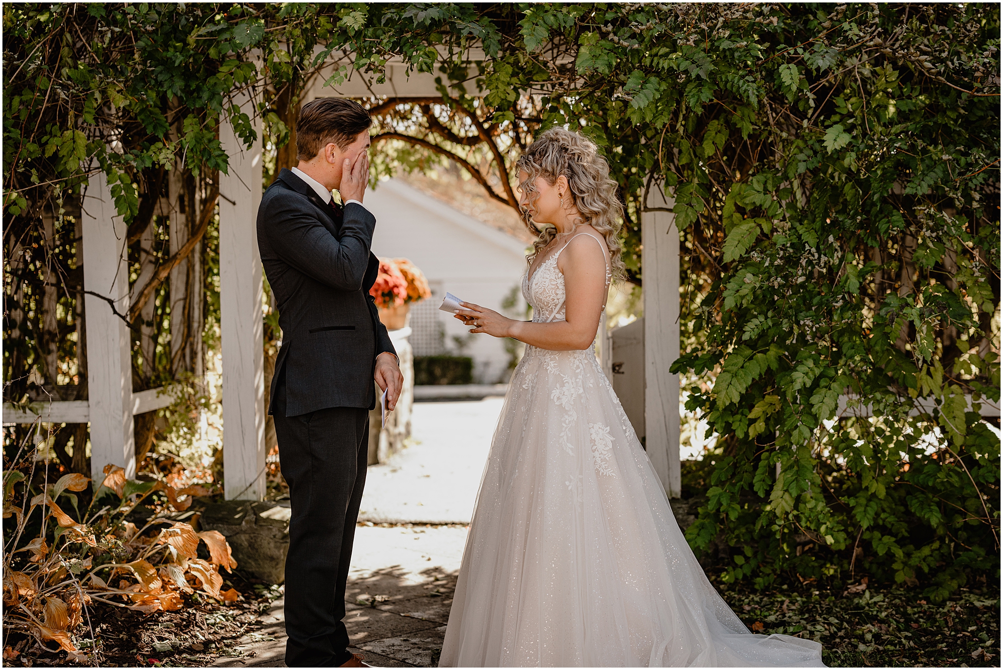 groom cries while bride reads vows during private first look in the Hudson Valley