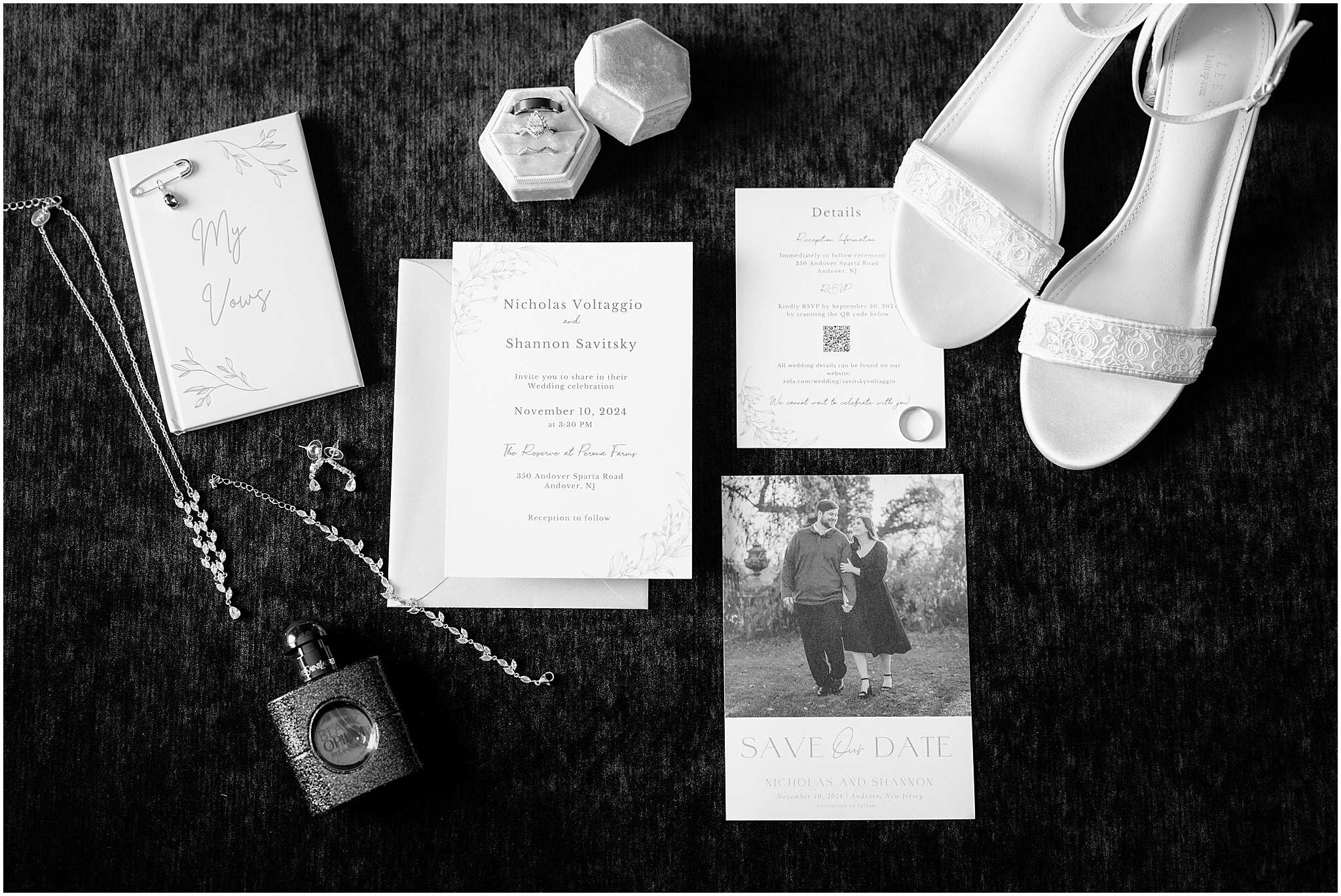 black and white photo of bride's details and invitation suite for New Jersey wedding