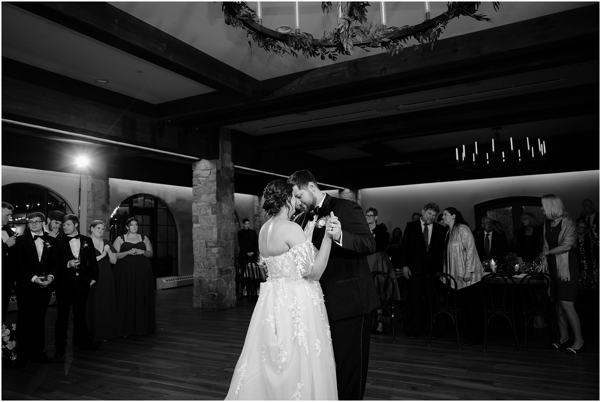 bride and groom dance together with heads touching at Andover NJ wedding reception