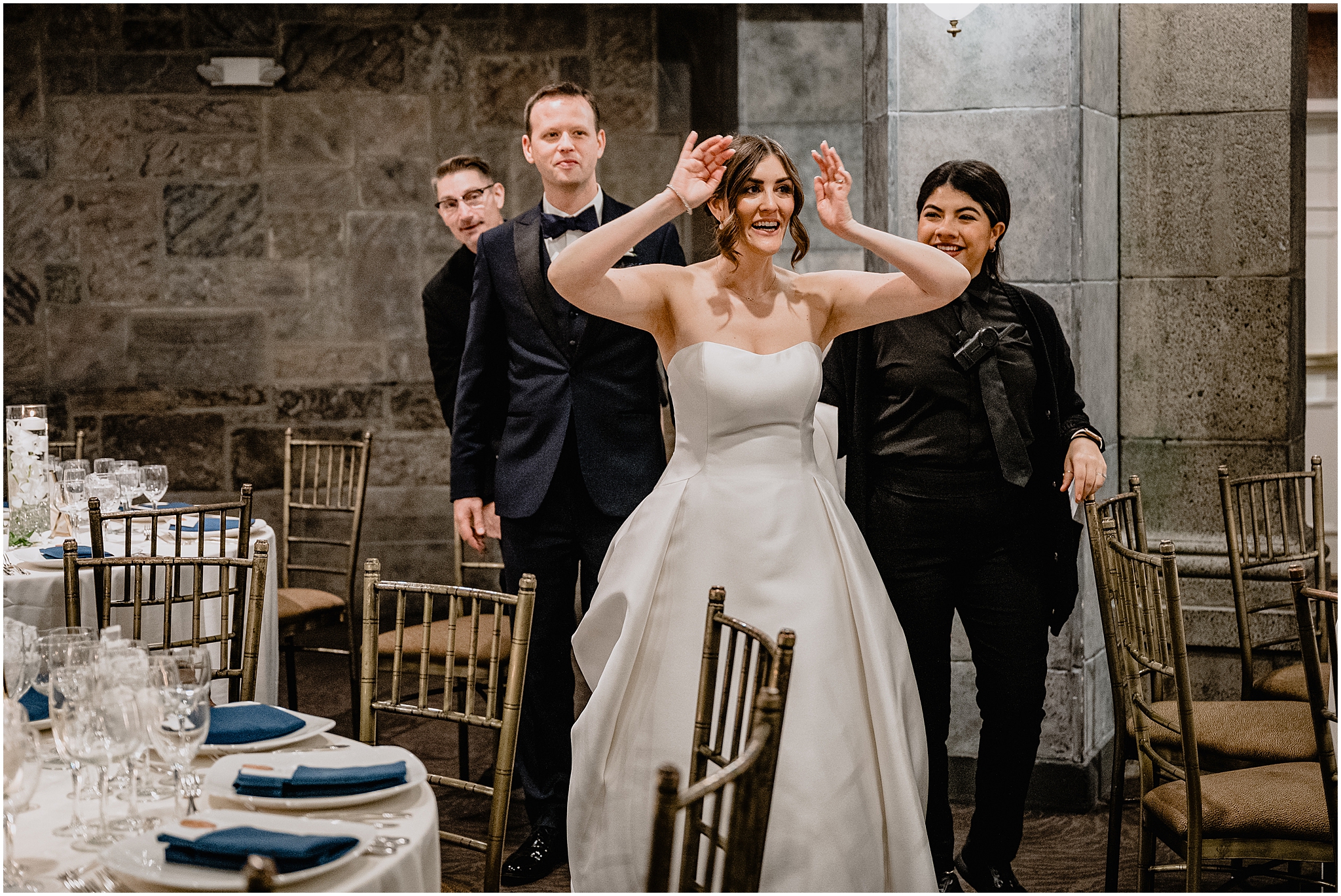 bride reacts to seeing reception setup inside Tappan Hill Mansion