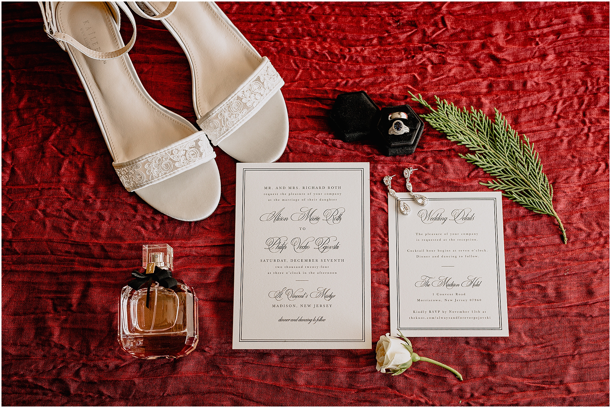 holiday inspired invitation suite and details for wedding at the Madison Hotel in Morristown NJ
