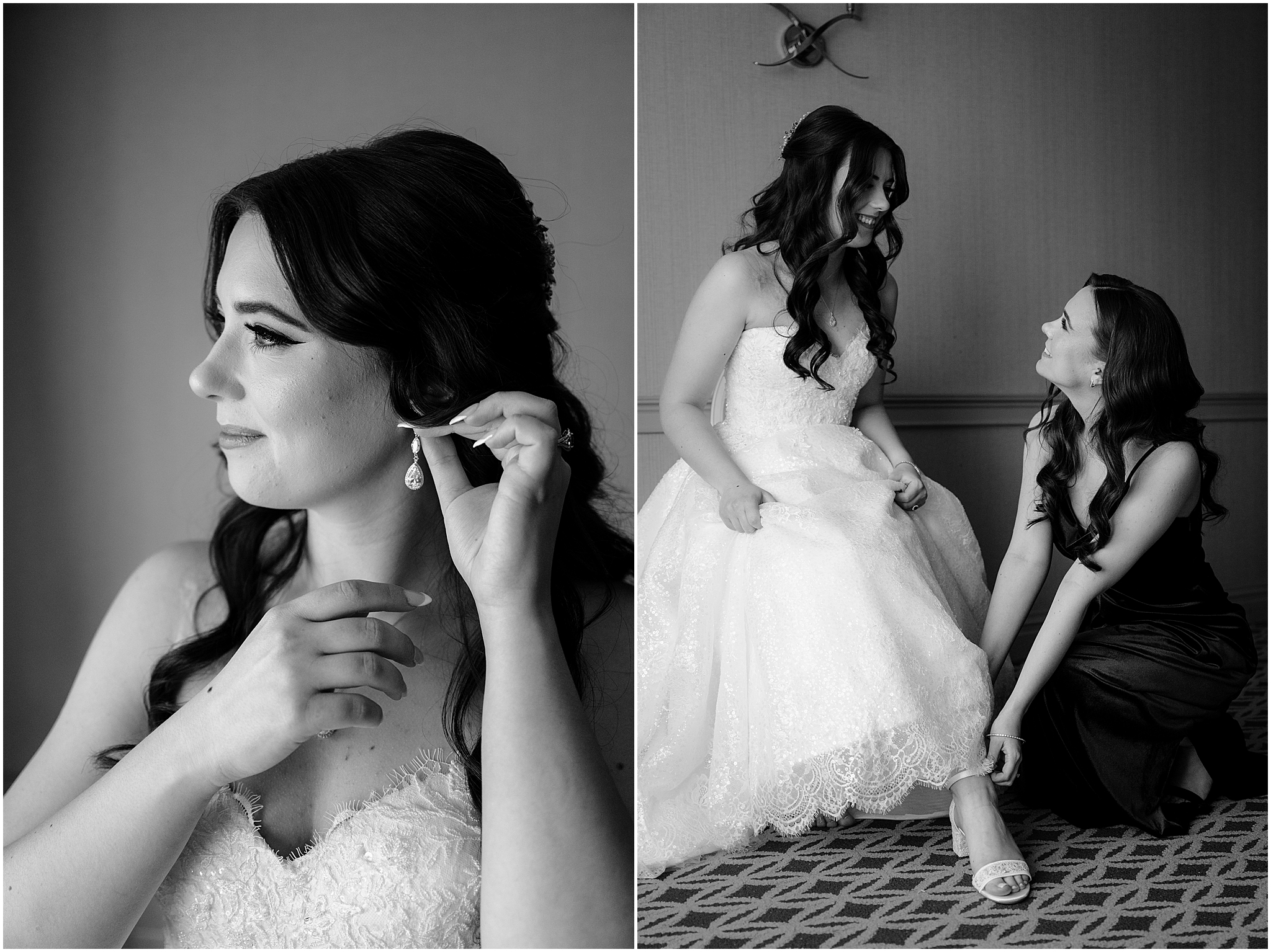 bridesmaid adjusts earrings and bridesmaid helps her prep for wedding in New Jersey