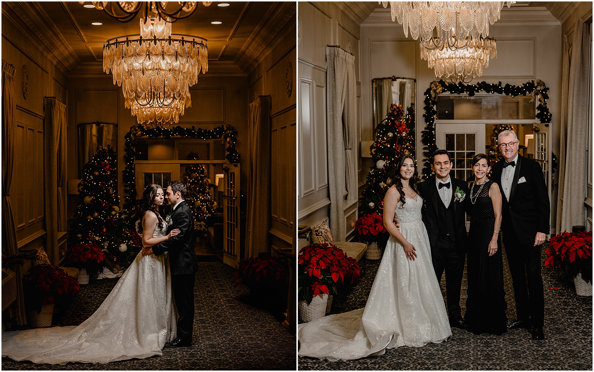 bride and groom pose with wedding inside hallway at the Madison Hotel