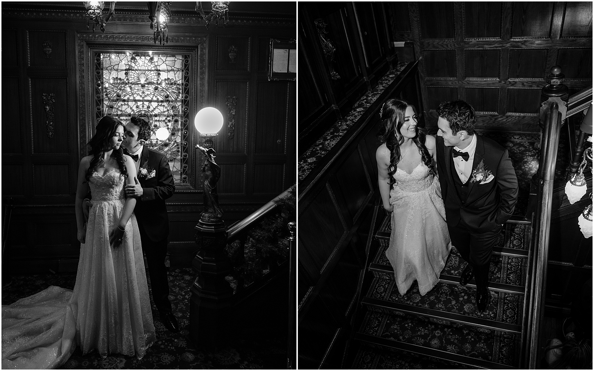 bride and groom walk down steps at the Madison Hotel