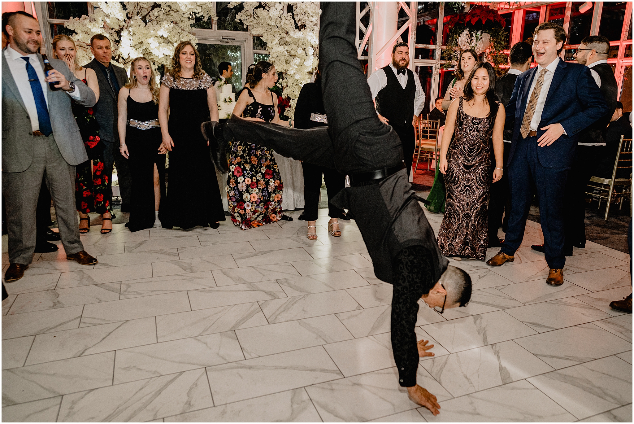 wedding guest break dances during wedding reception in Morristown NJ