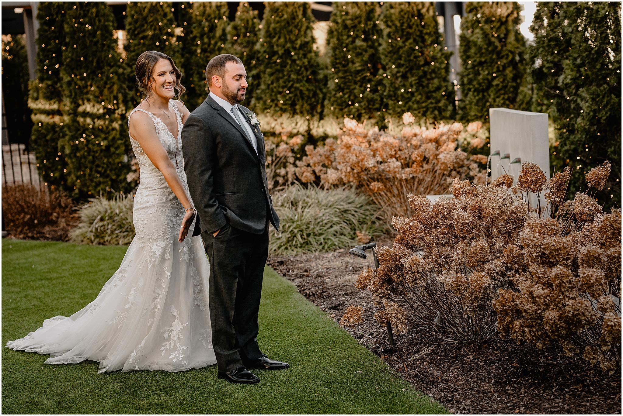 Couple's first look before their winter wedding at Perona Farms Refinery.