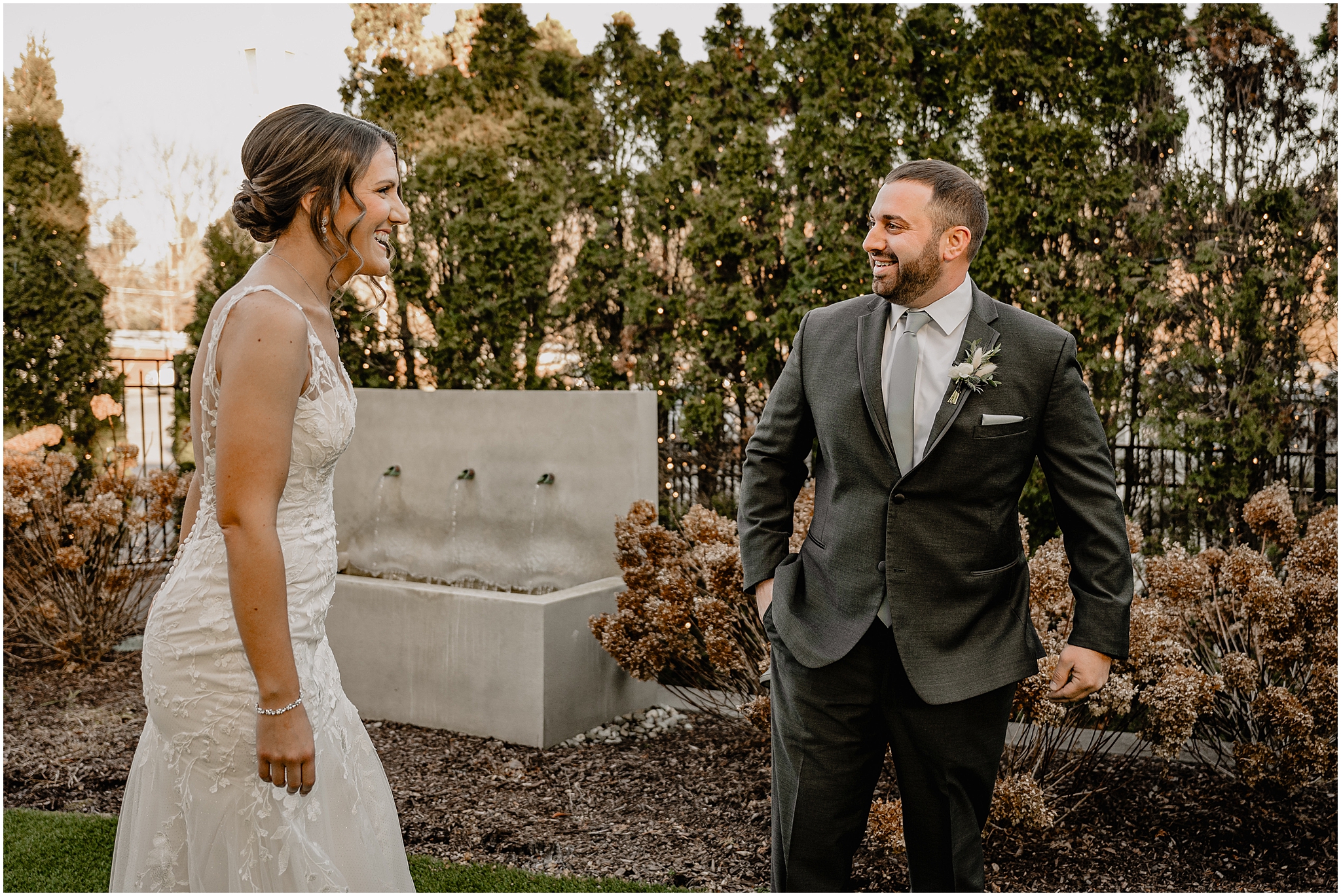 Couple's first look before their winter wedding at Perona Farms Refinery.