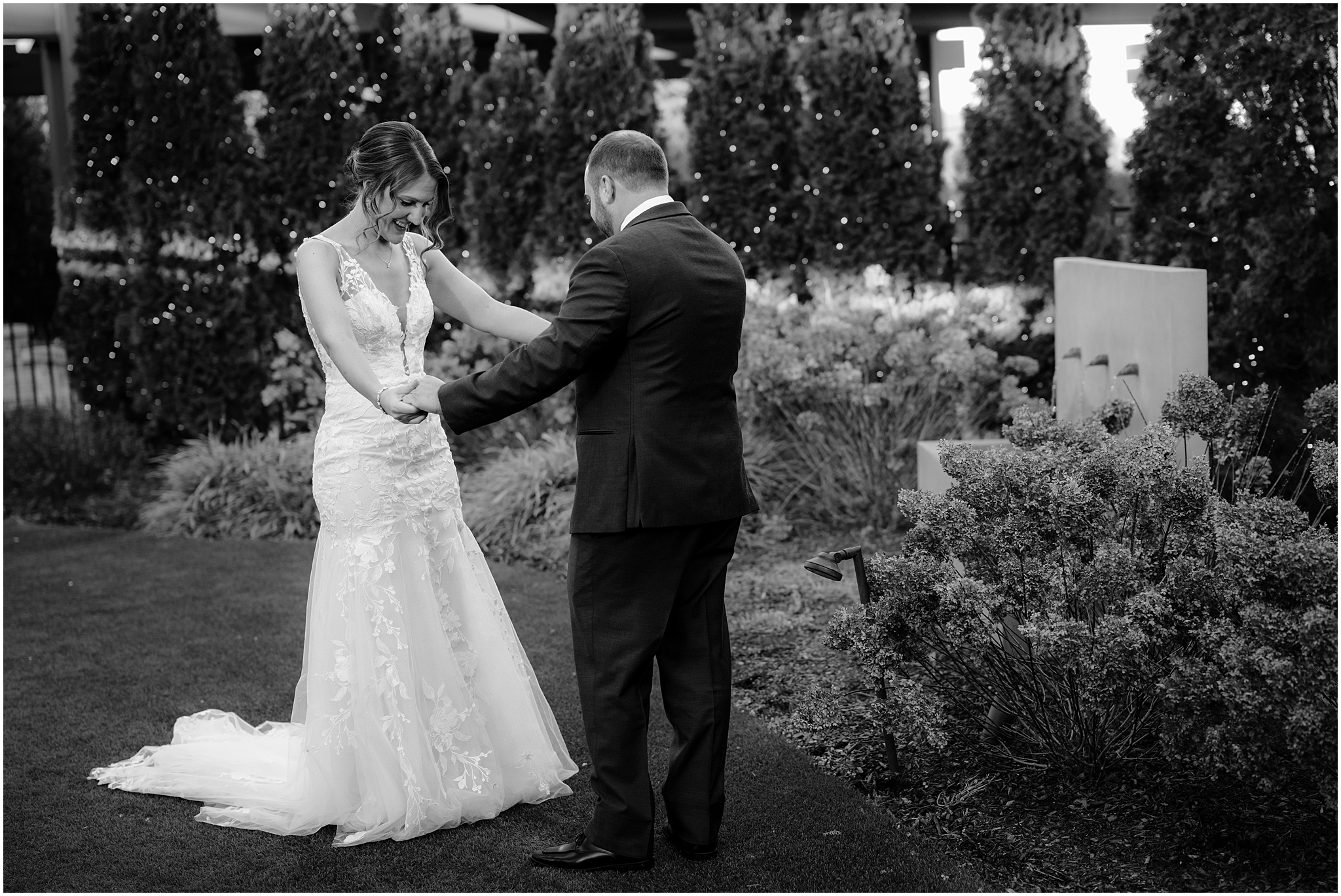Couple's first look before their winter wedding at Perona Farms Refinery.