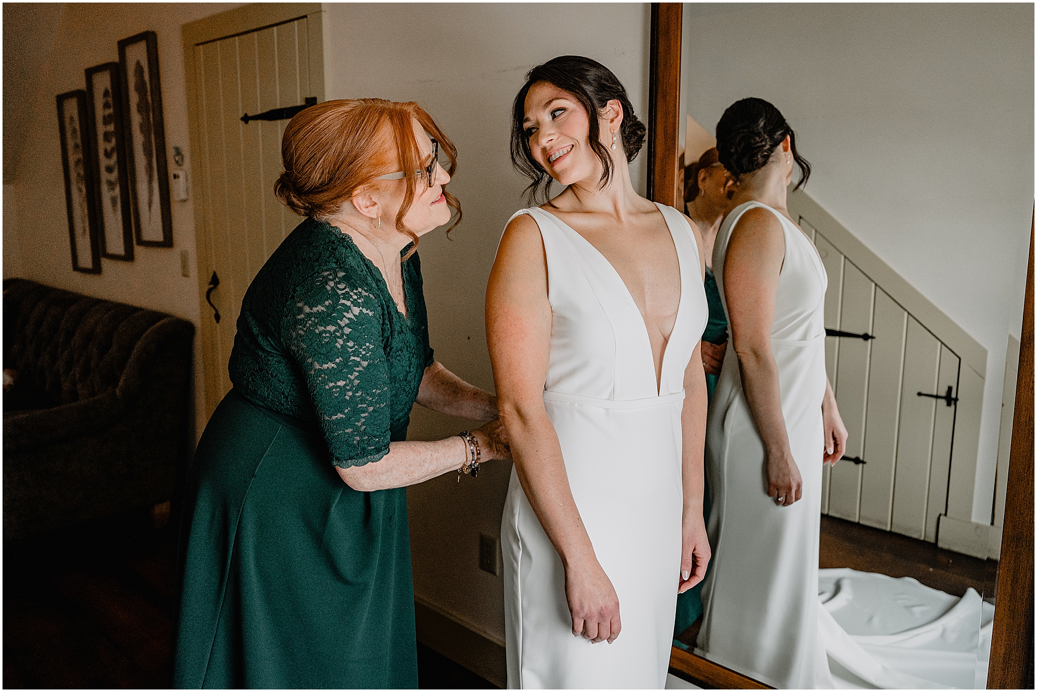 Bride getting ready before her winter wedding at The Barn at Perona Farms.