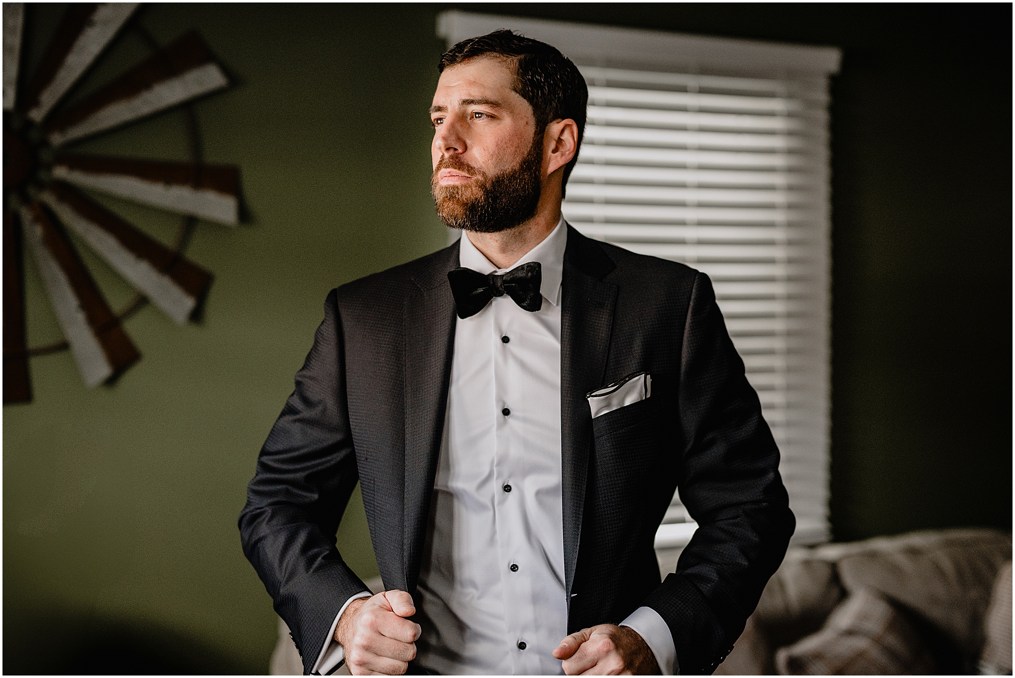 Groom before his winter wedding at The Barn at Perona Farms.