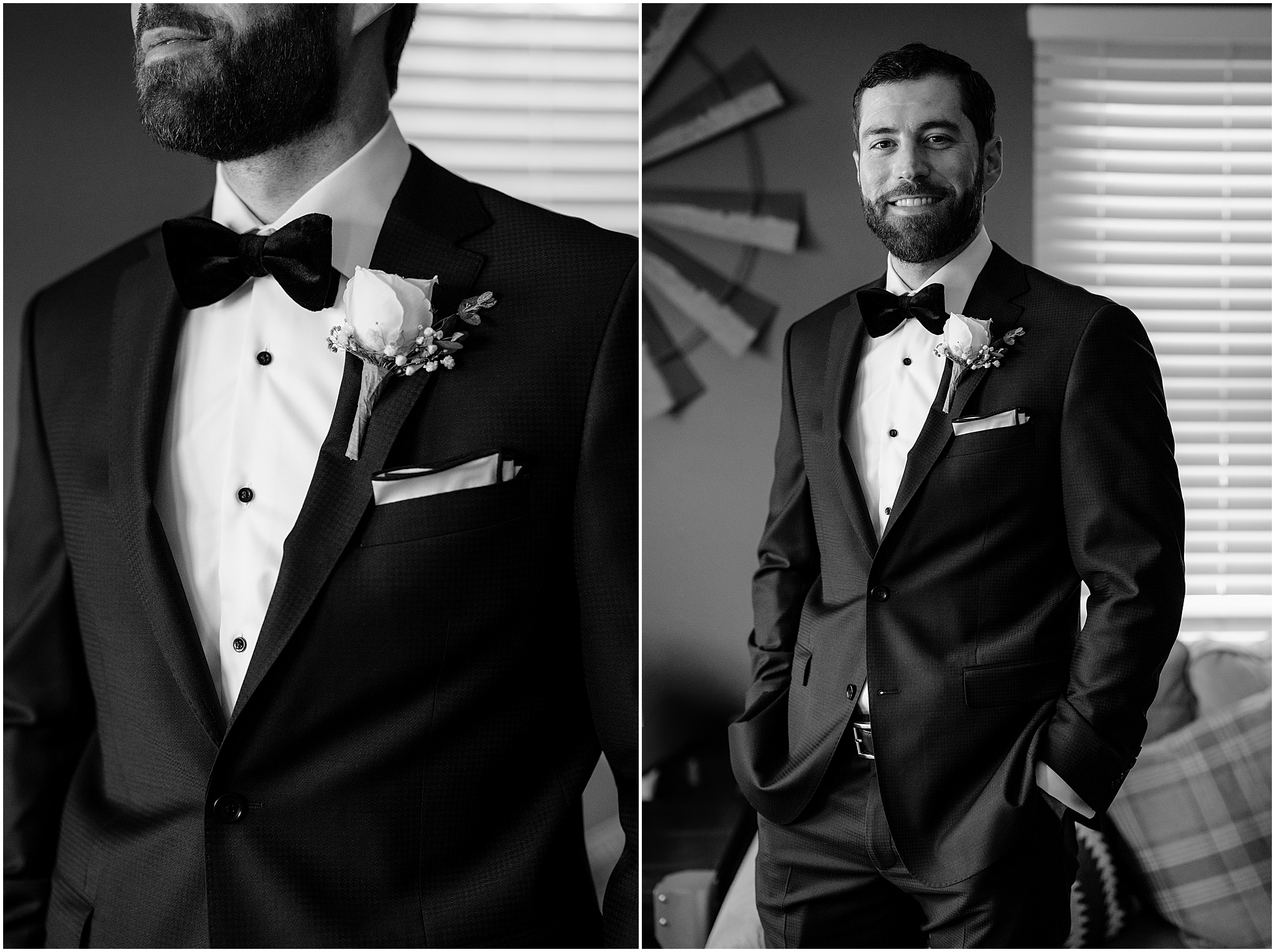 Groom before his winter wedding at The Barn at Perona Farms.