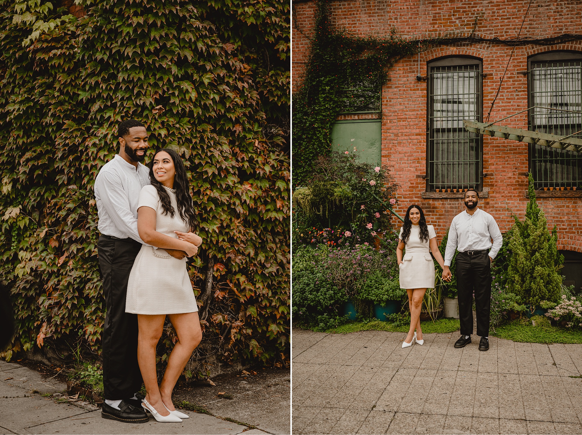 man hugs woman from behind in front of ivy covered wall at The Foundry on their Long Island Engagement Session