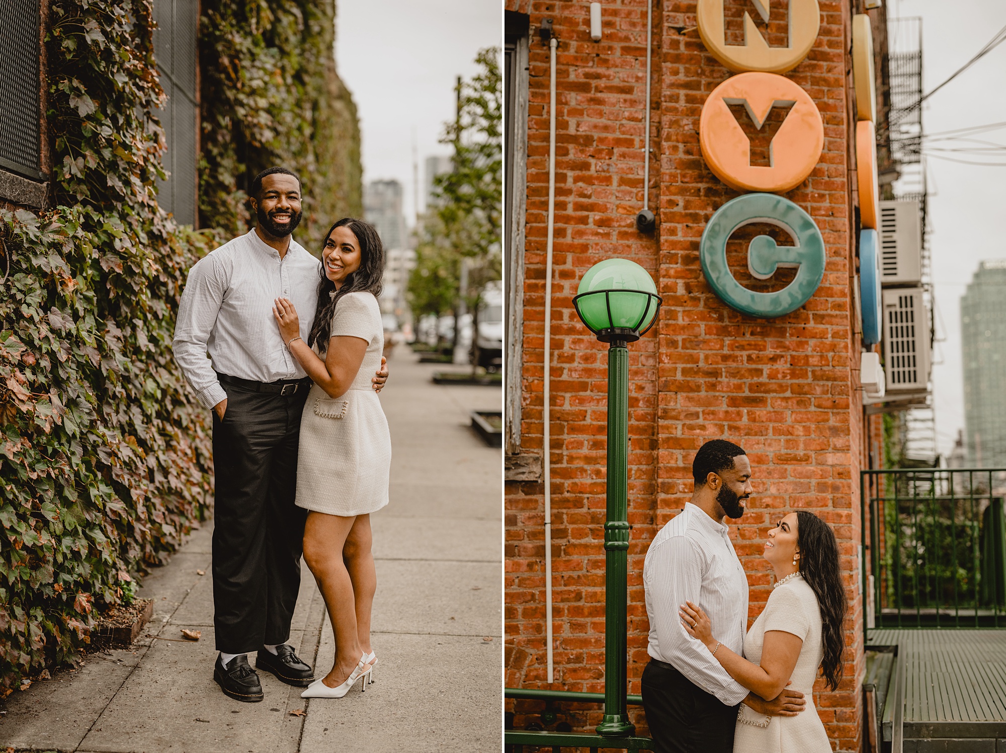 couple hugs under NYC sign in Long Island City during engagement session
