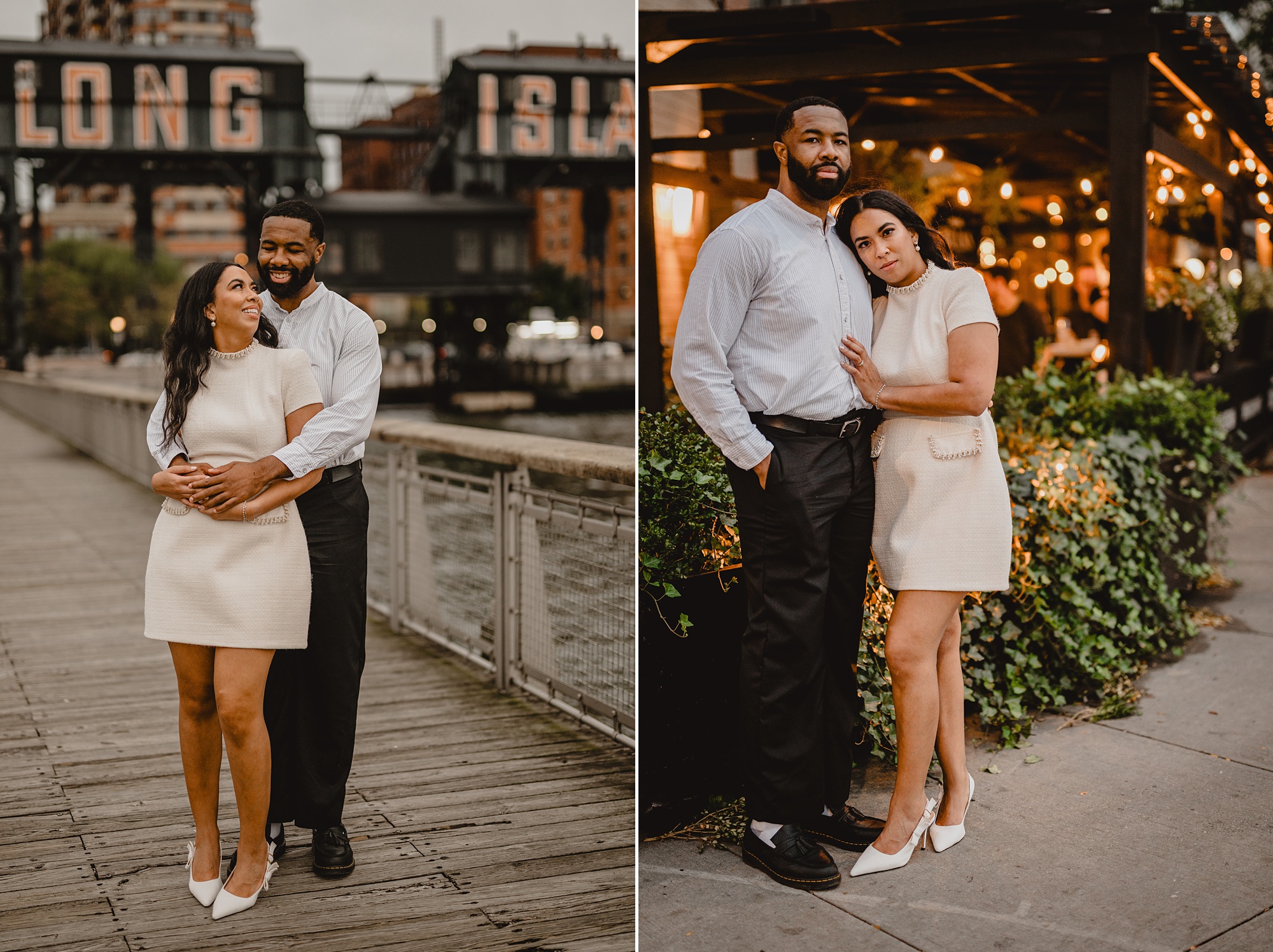 couple hugs in front of Long Island City restaurant