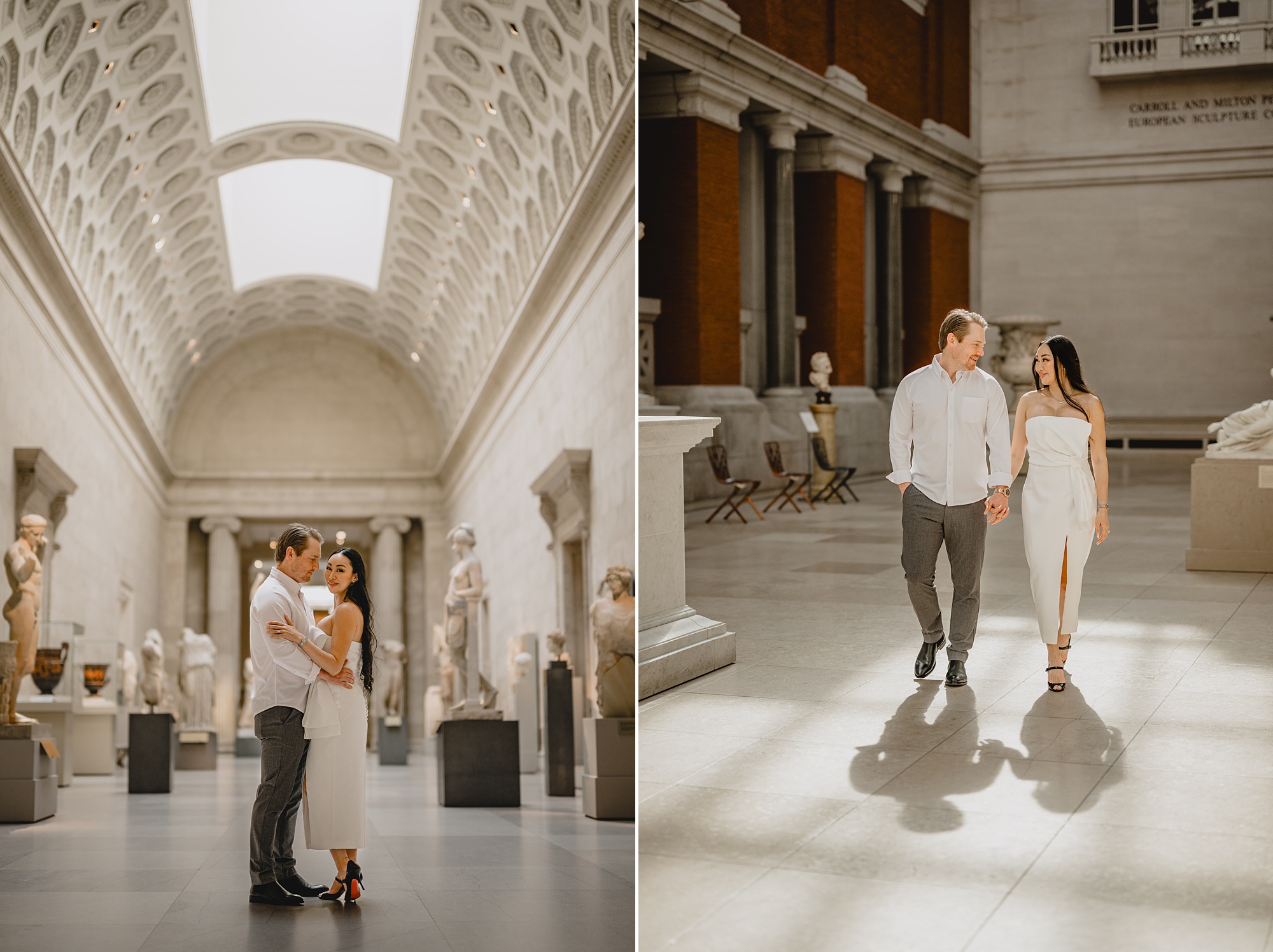 couple holds hands walking through exhibit inside the Met Museum in NYC