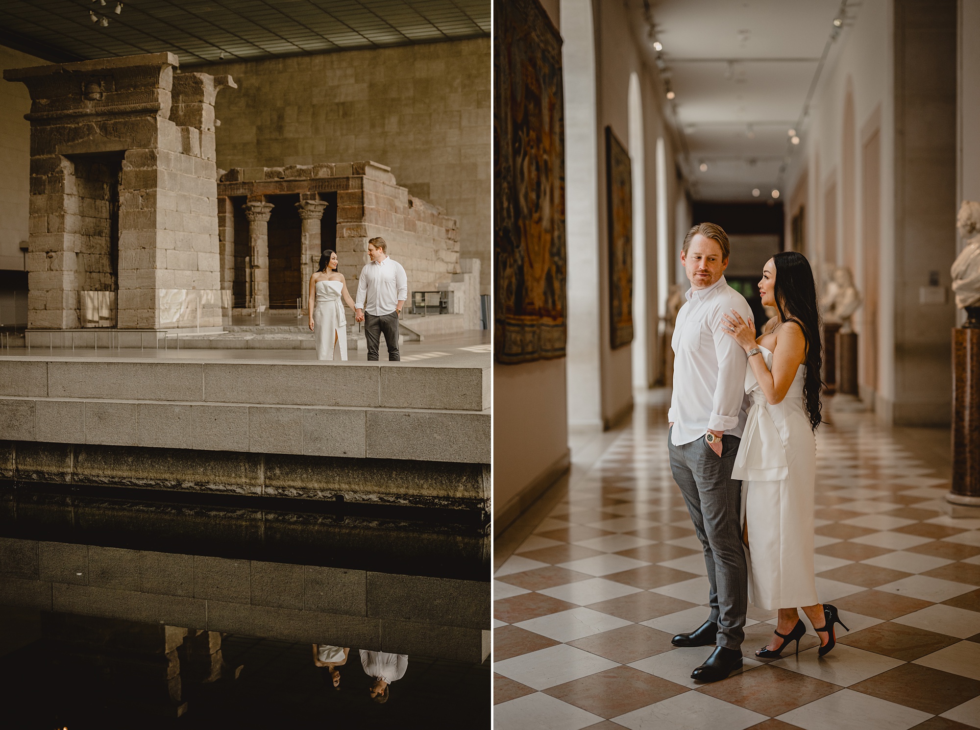 woman stands behind man in hallway with tiled floor at the Met Museum