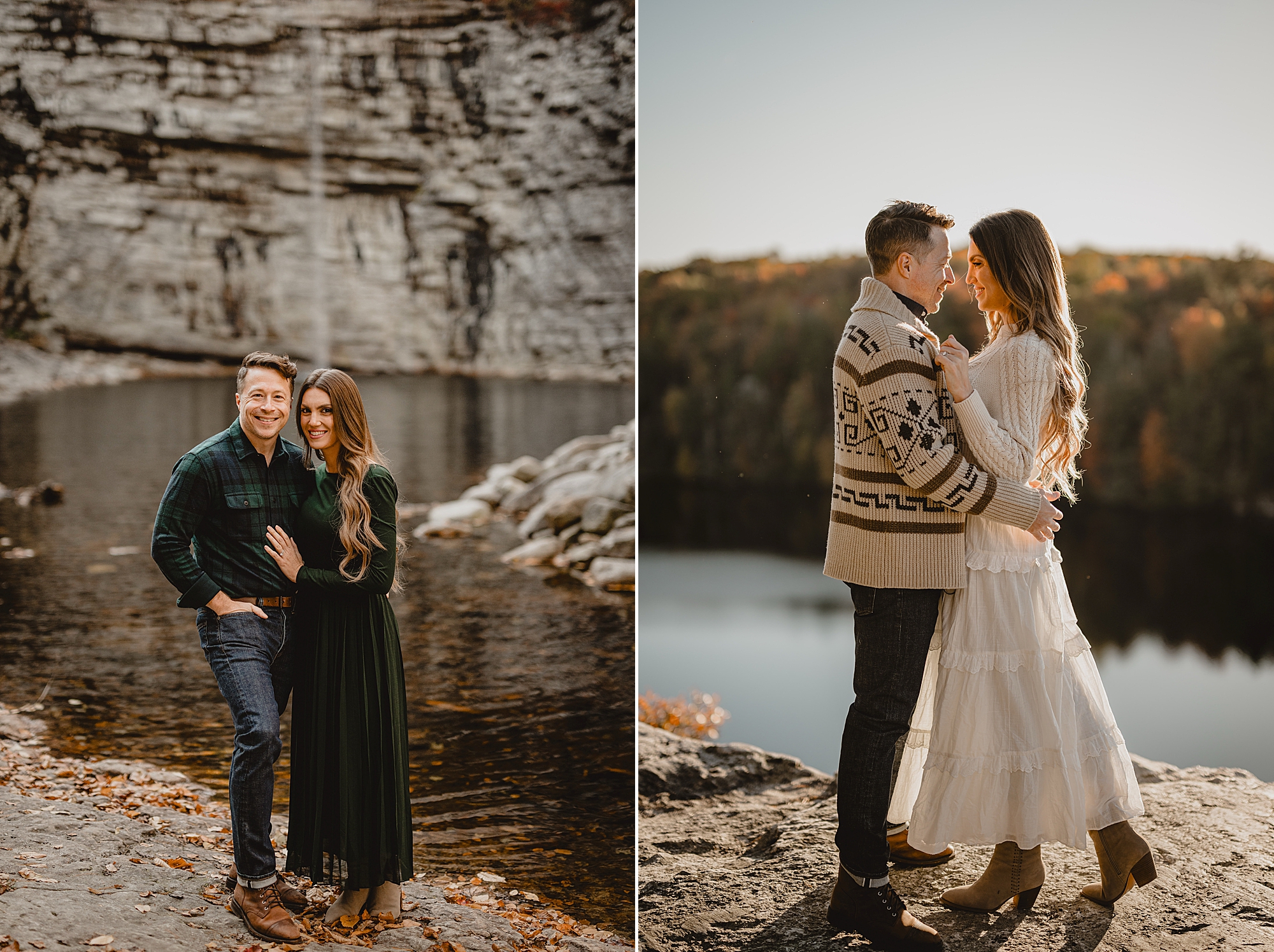 couple hugs on rocks overlooking Lake Minnewaska