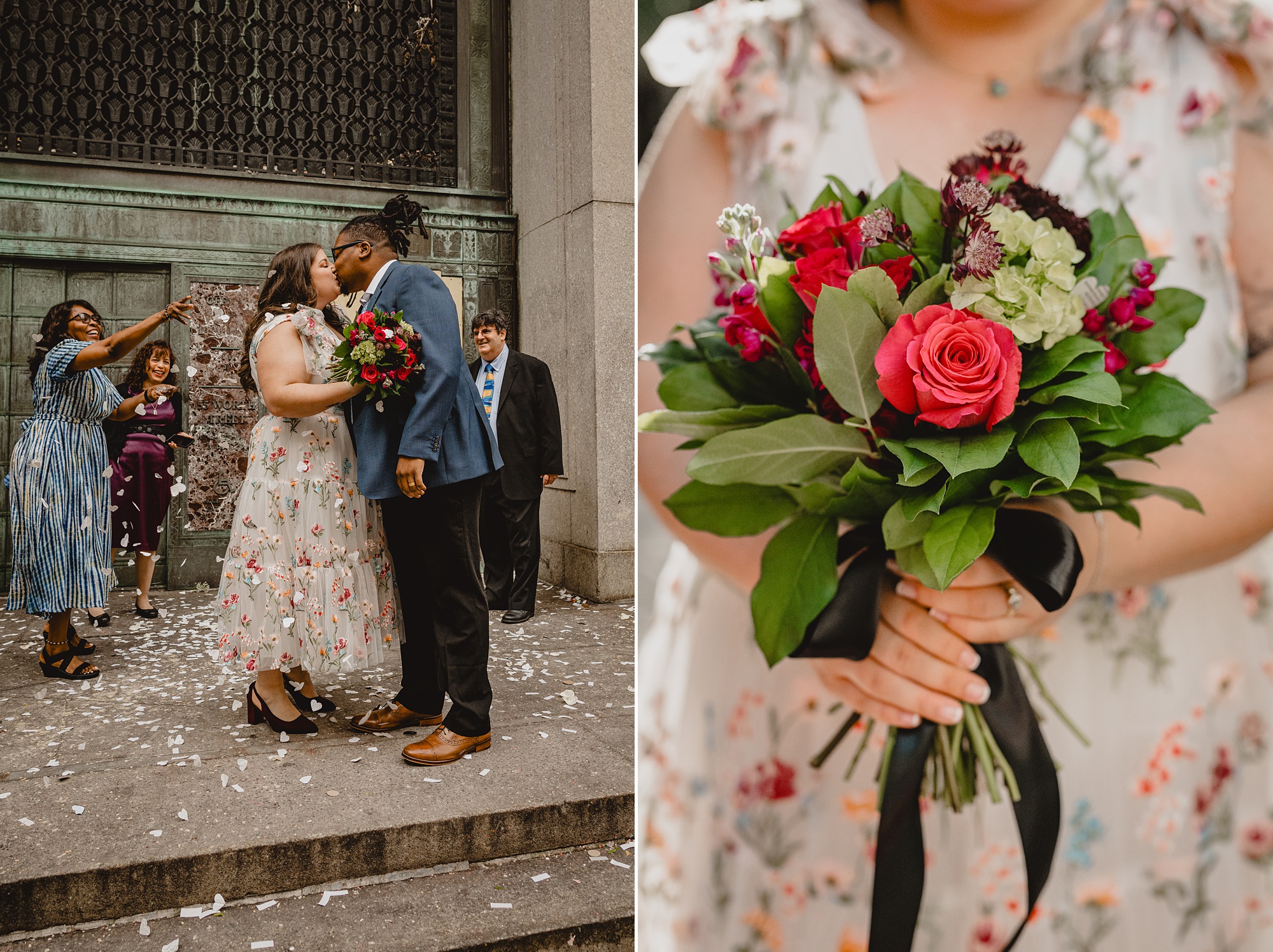 bride holds bouquet of red and green flowers for NYC elopement at City Hall
