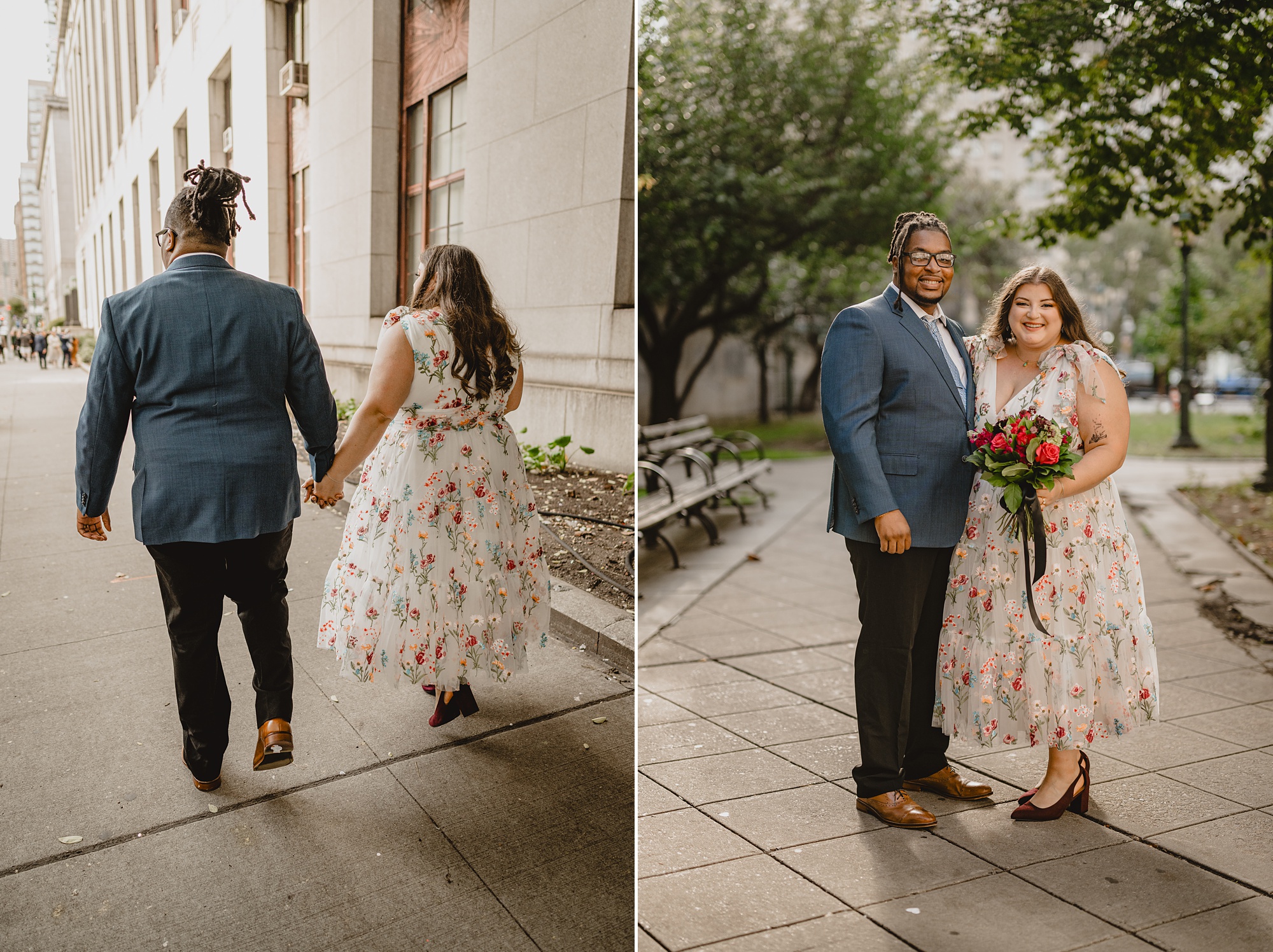 couple holds hands walking around City Hall in New York City