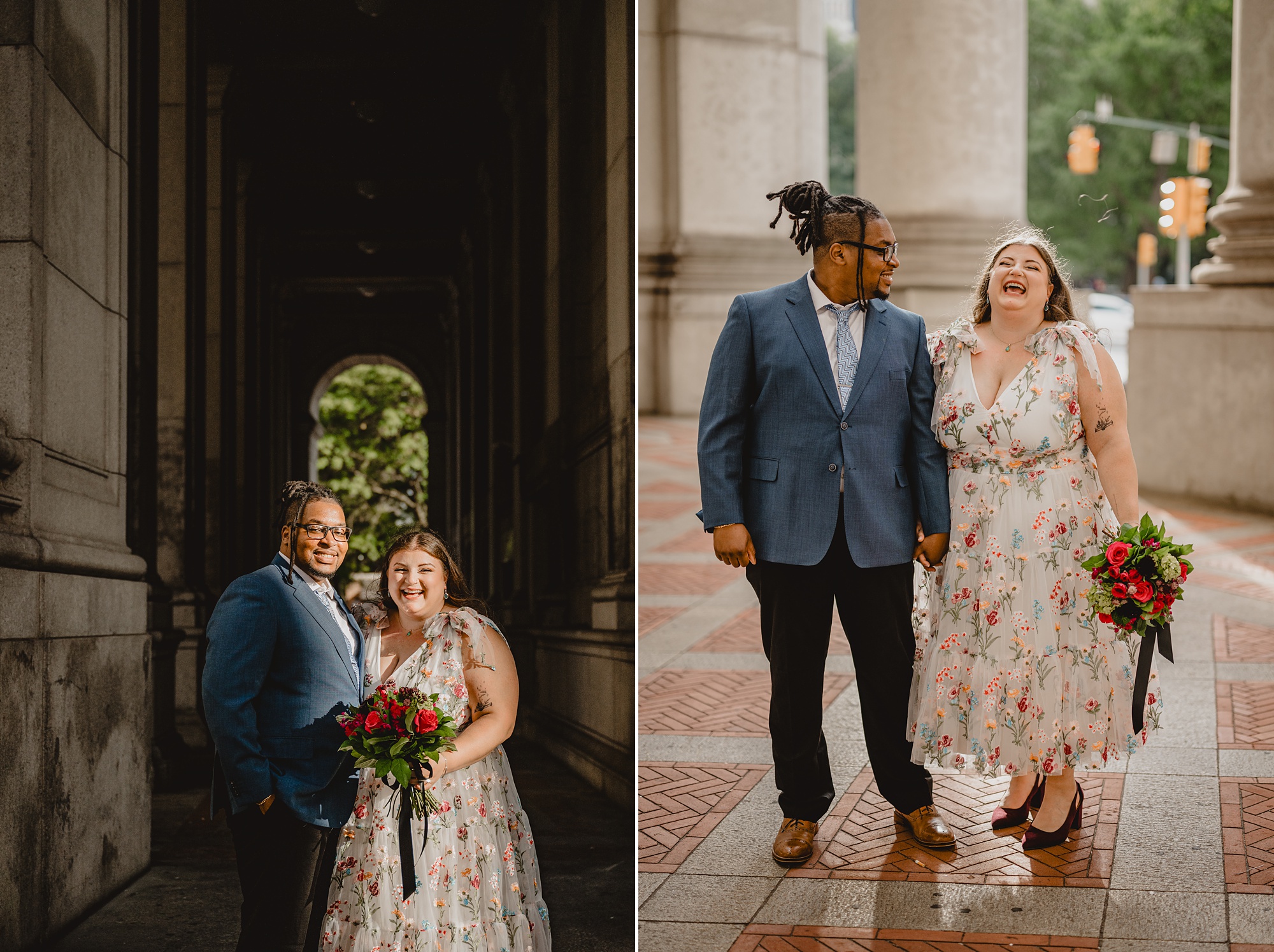 man and woman laugh together during NYC elopement at City Hall