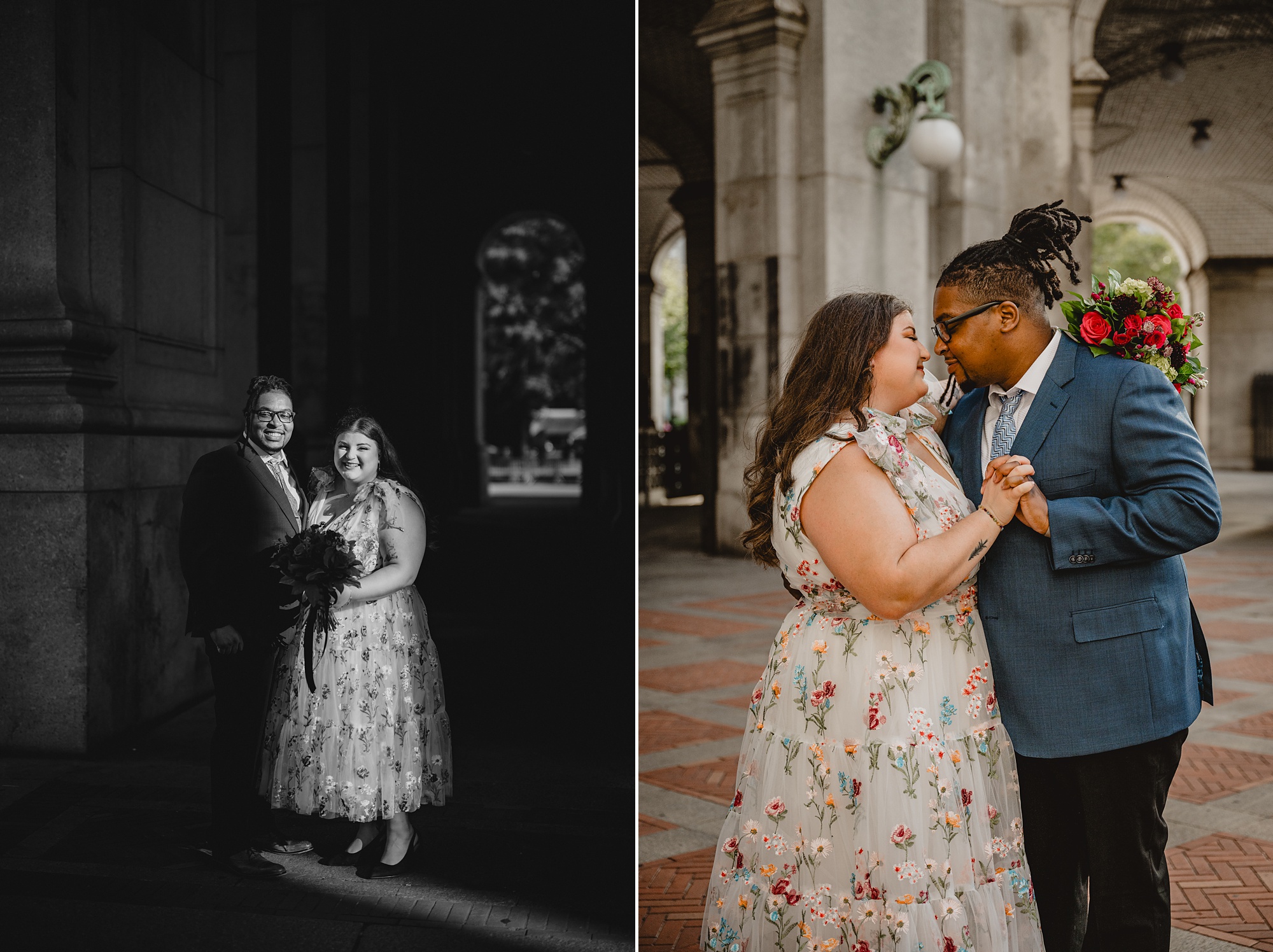 bride and groom lean together nuzzling noses during NYC elopement at City Hall