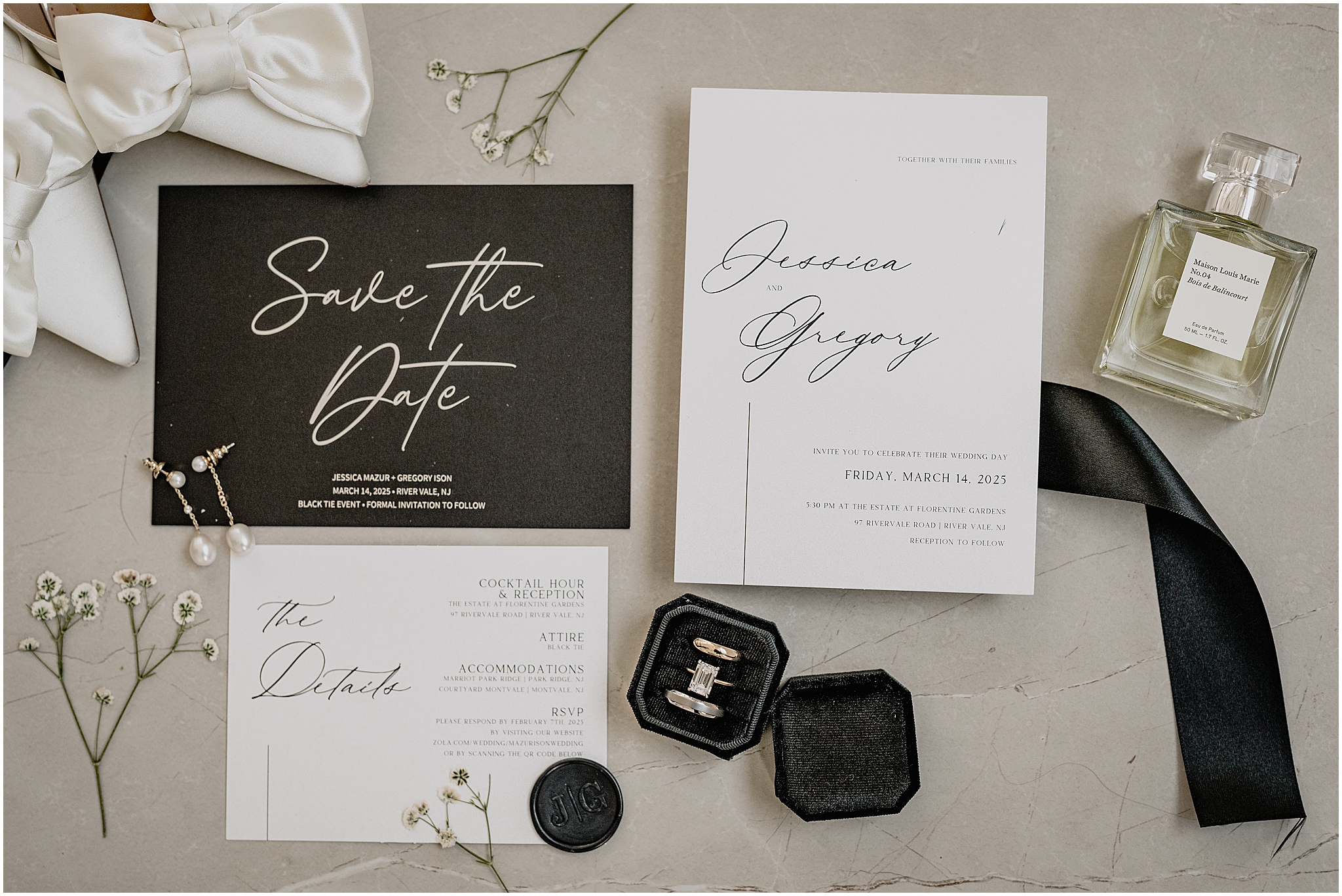 black and white invitation suite for classic wedding at the Estate at Florentine Gardens