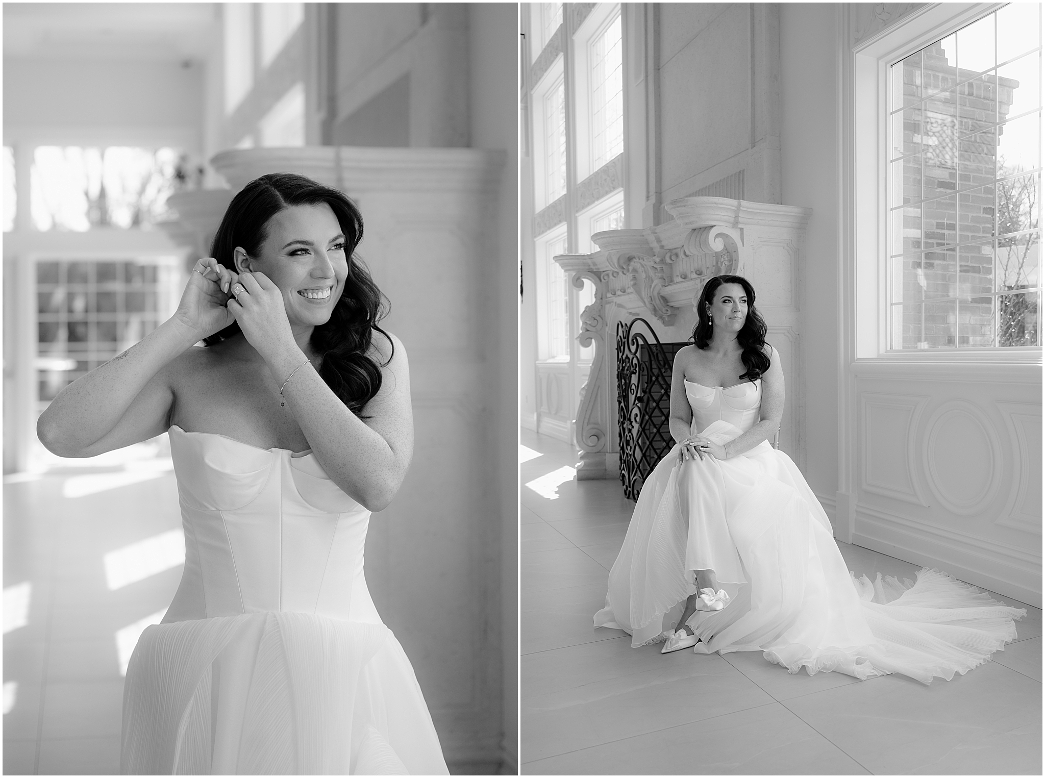 bride smiles sitting by fireplace inside room at the Estate at Florentine Gardens