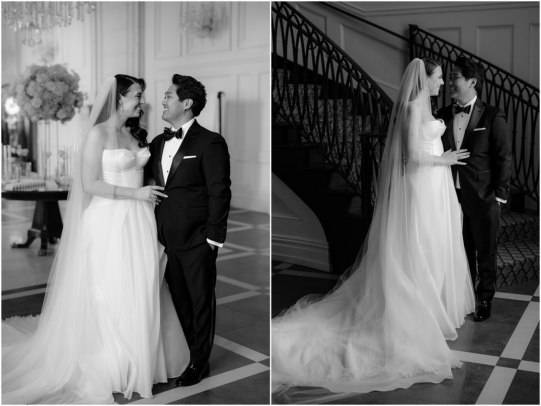 bride and groom smile at each other standing in lobby and ballroom of the Estate at Florentine Gardens