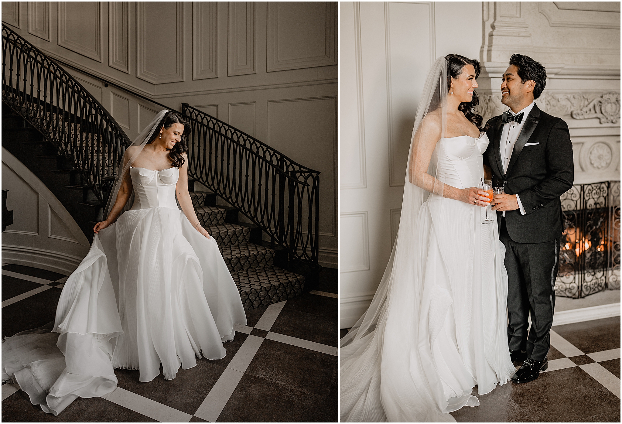 newlyweds toast champagne by fireplace inside the Estate at Florentine Gardens