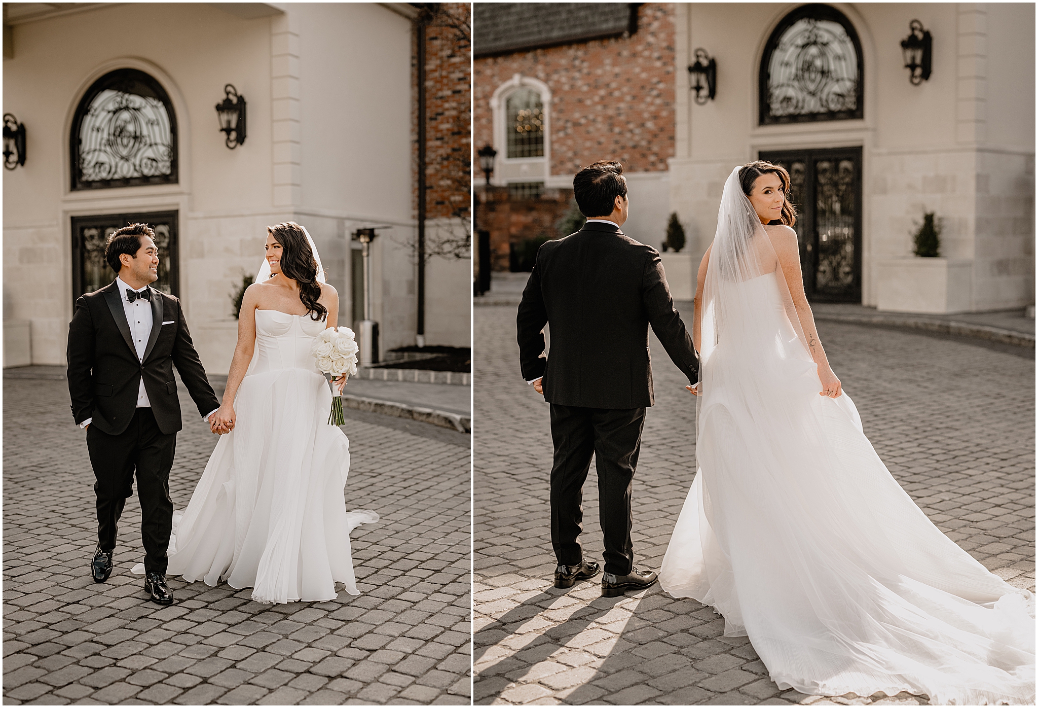 newlyweds hold hands walking on outside brick patio at the Estate at Florentine Gardens