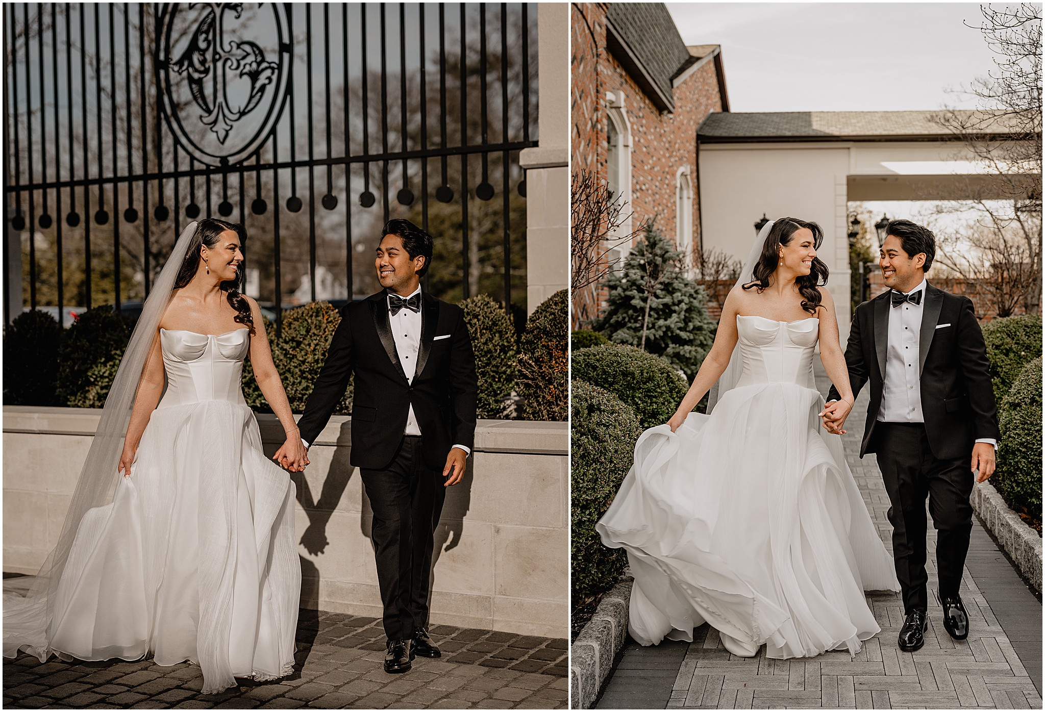 bride and groom hold hands walking outside the Estate at Florentine Gardens near black fence