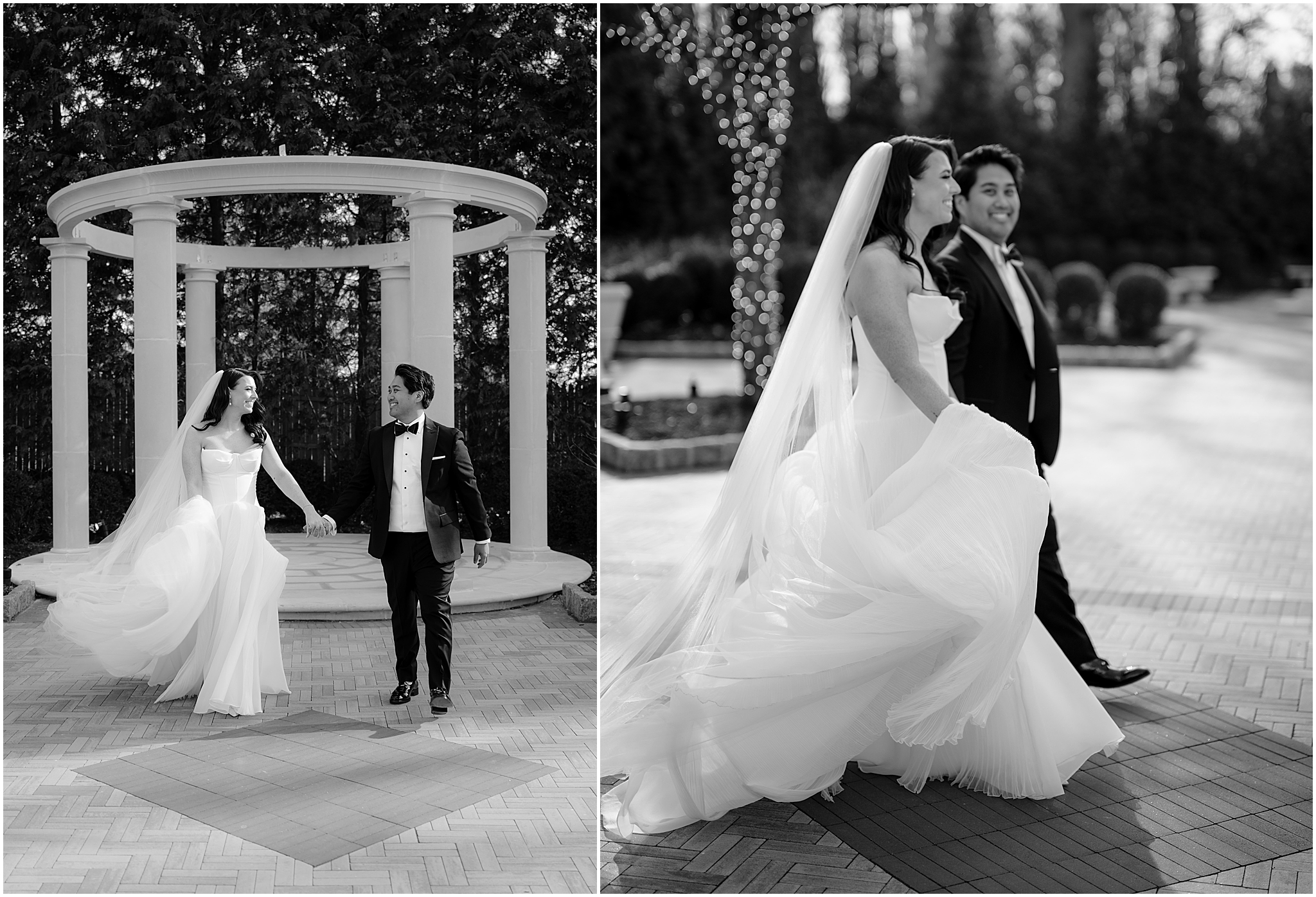 newlyweds hold hands walking near gazebo at the Estate at Florentine Gardens