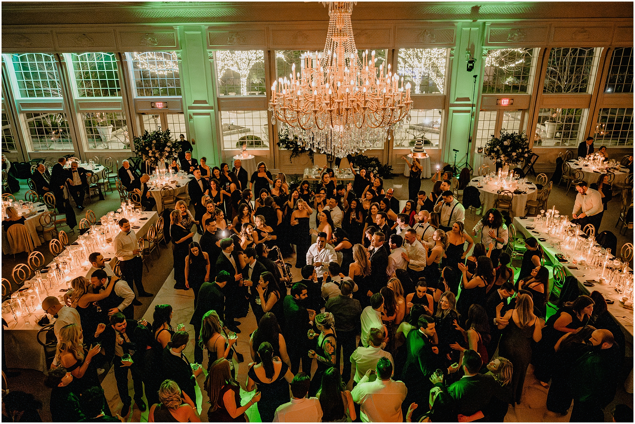 couple and guests fill dance floor during River Vale NJ wedding reception