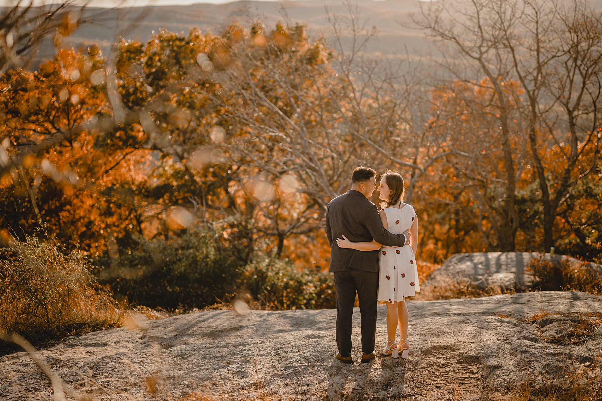 fall engagement session on Bear Mountain in the Hudson Valley for couple looking at the view 