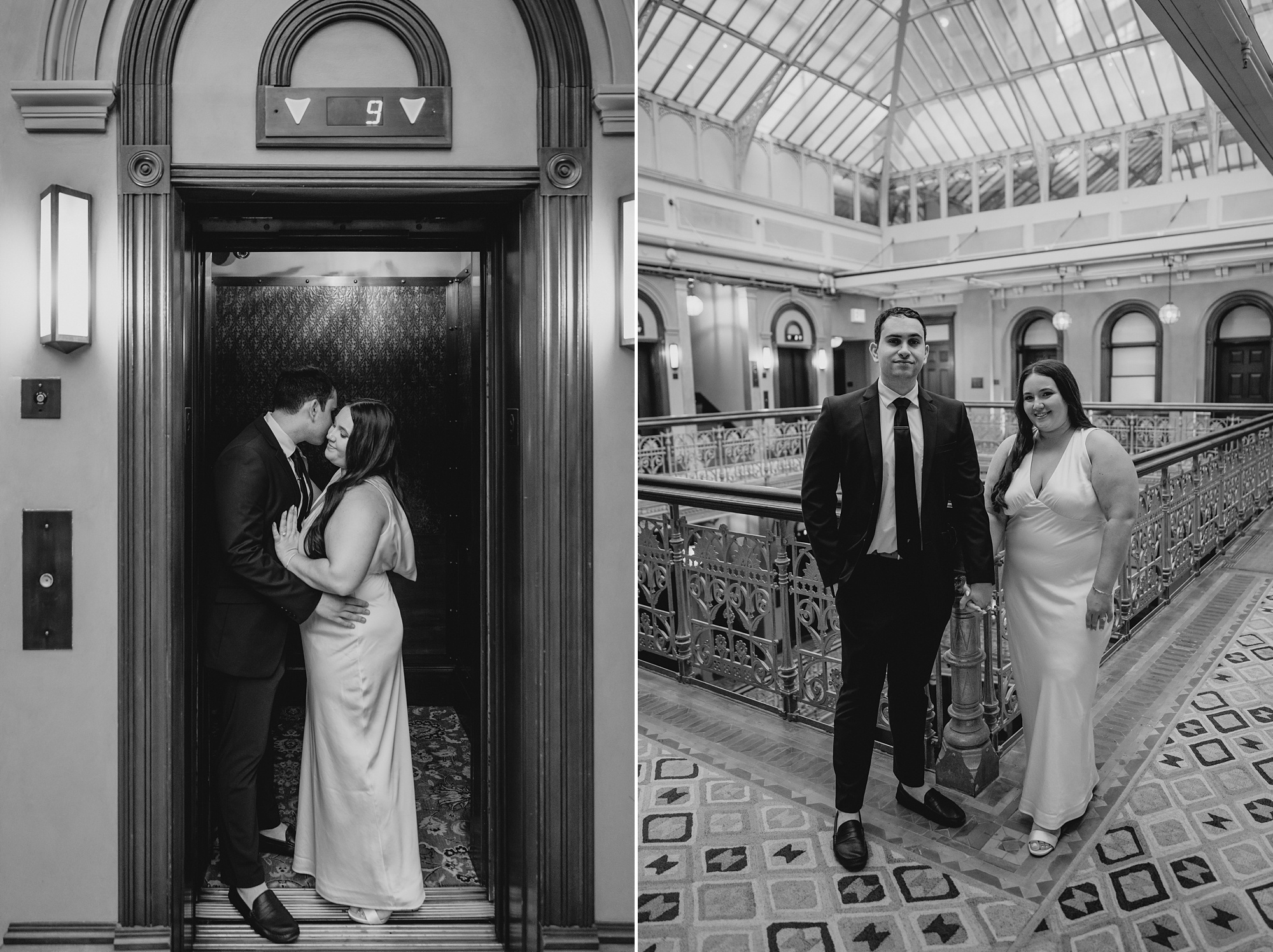 engaged couple hugs in elevator in historic Beekman Hotel in New York NY