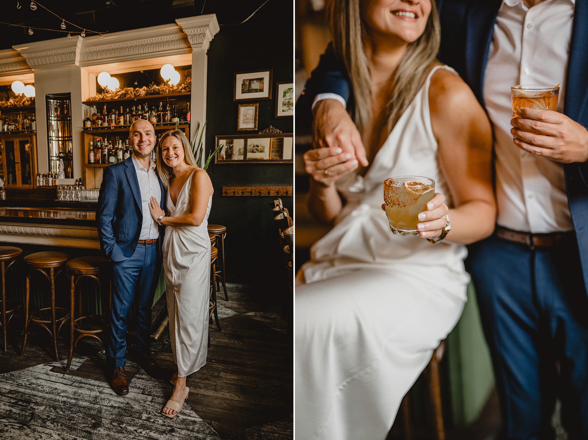 couple hugs inside Murray Hill bar during NYC engagement session