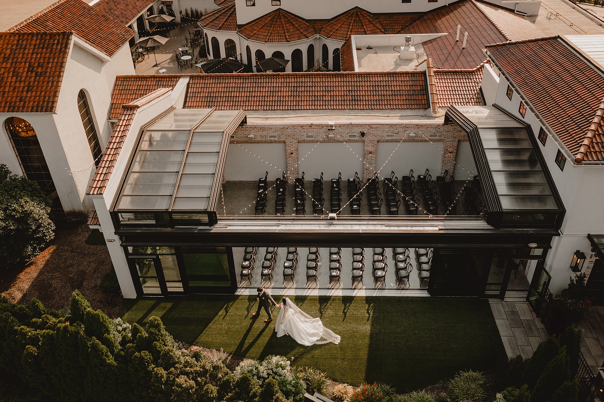 drone shot of greenhouse at the Refinery at Perona Farms