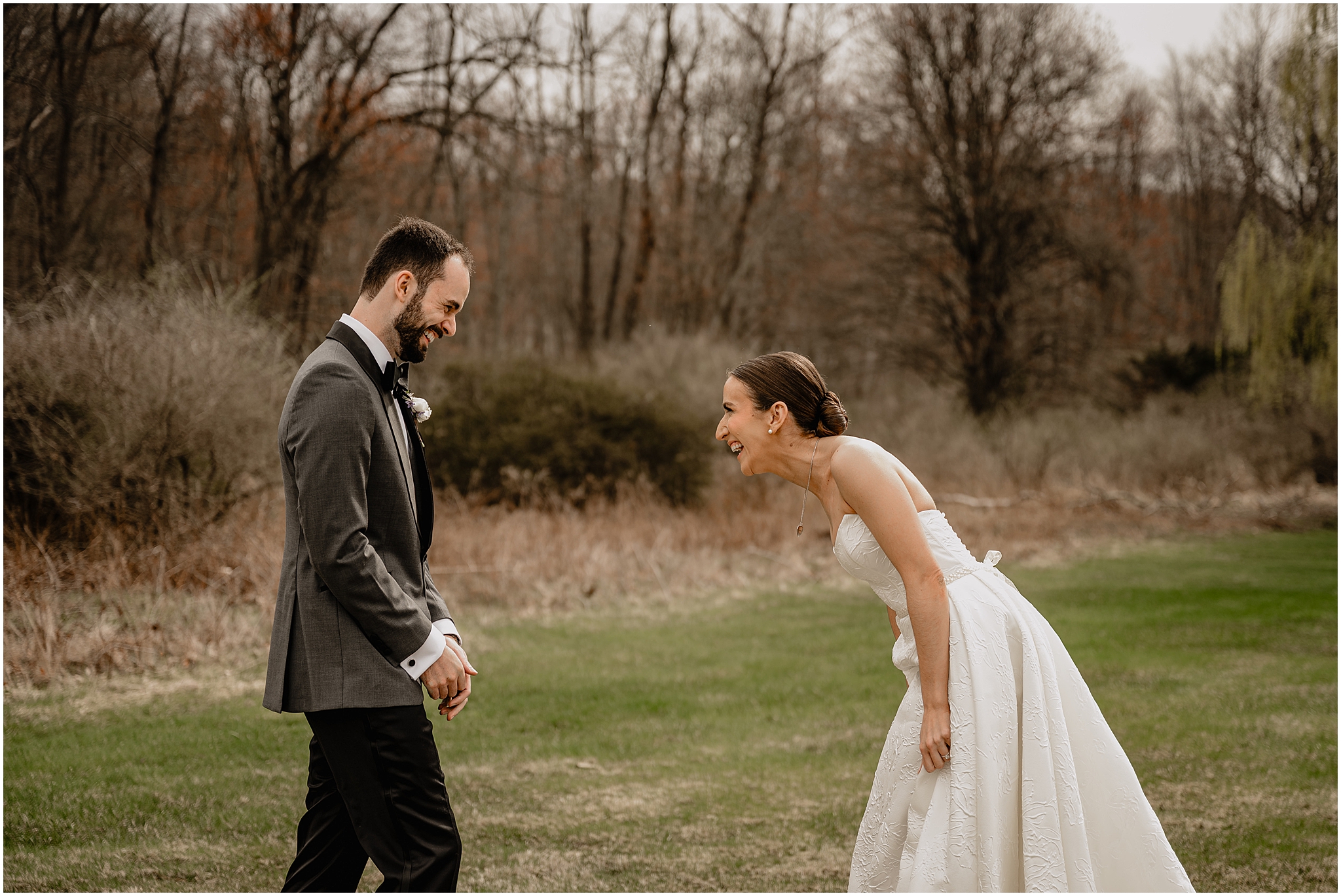 Couple laughing happily at Perona Farms.