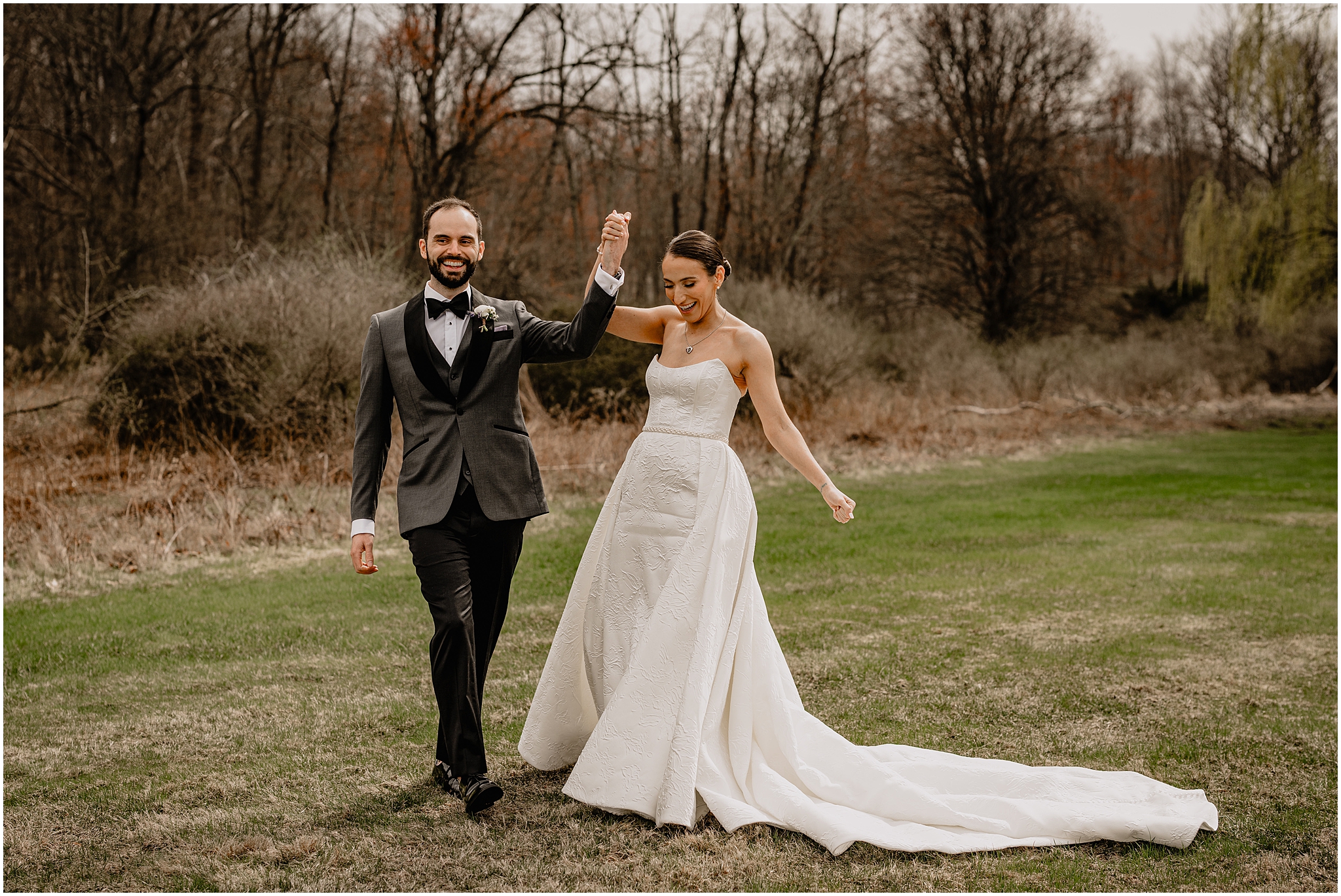 Couple walking happily at Perona Farms.