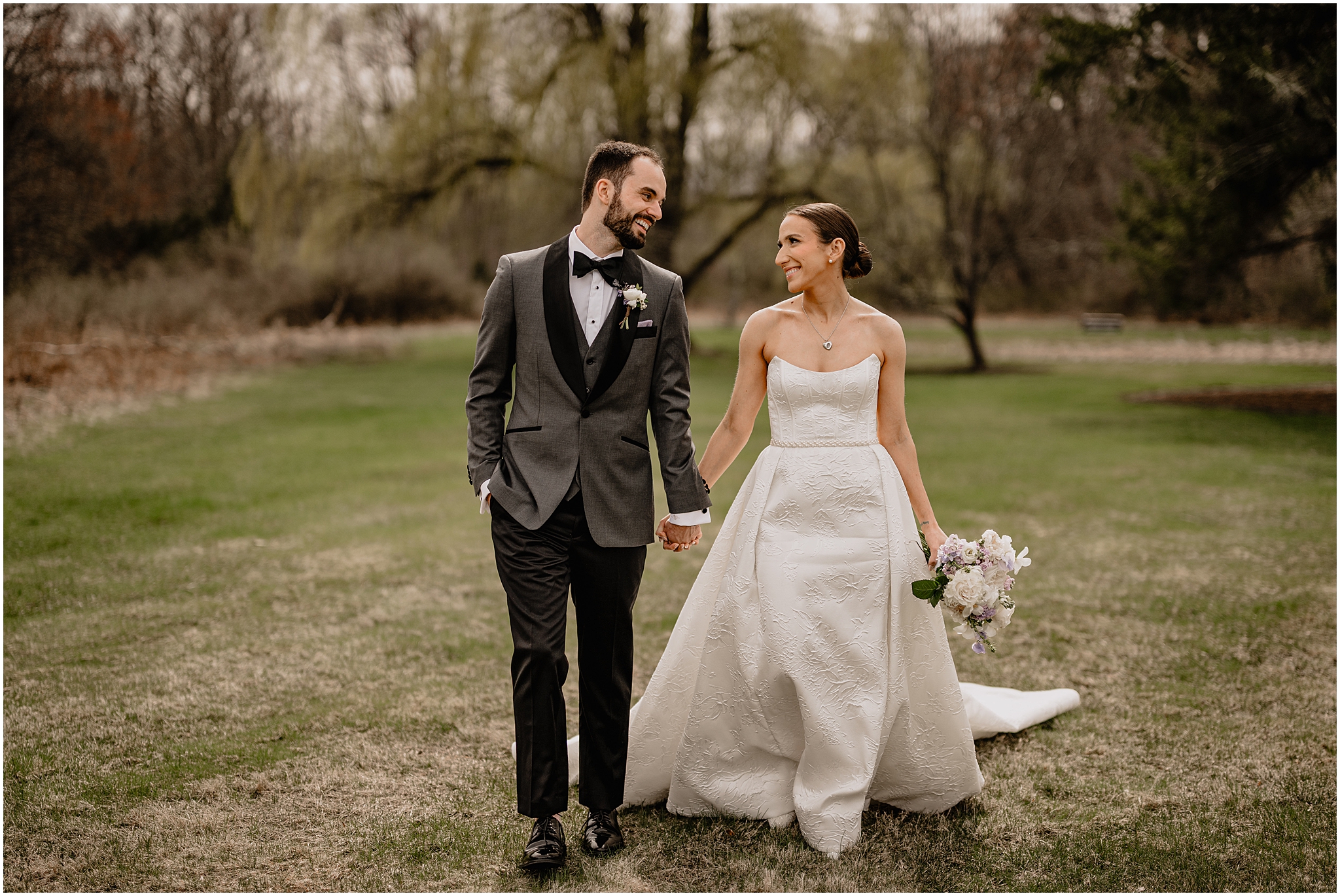 Couple walking happily at Perona Farms.