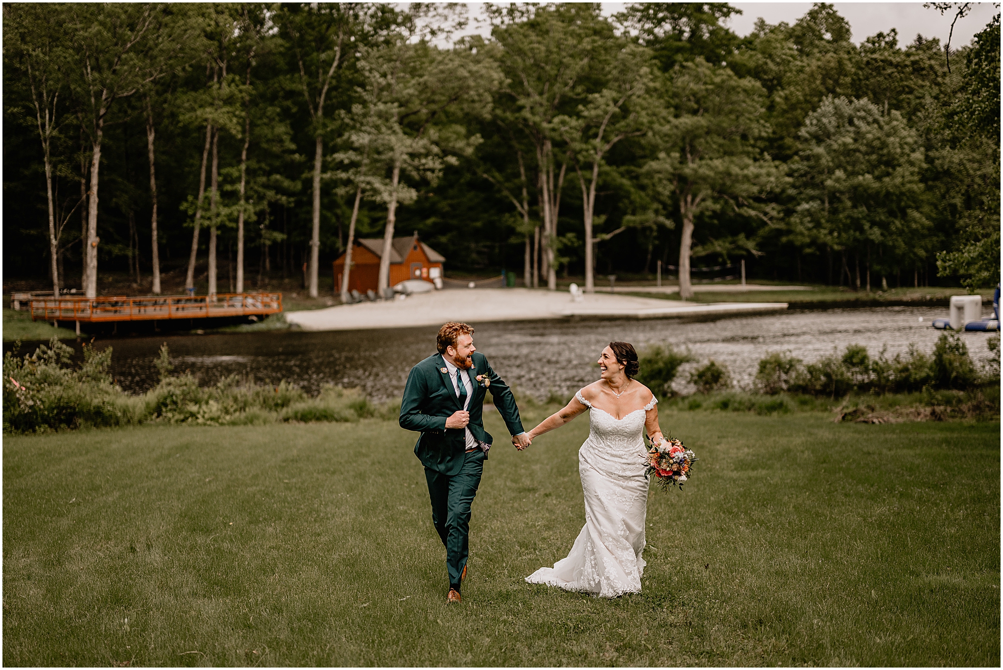 couple at their colorful wedding at Camp Lindenmere