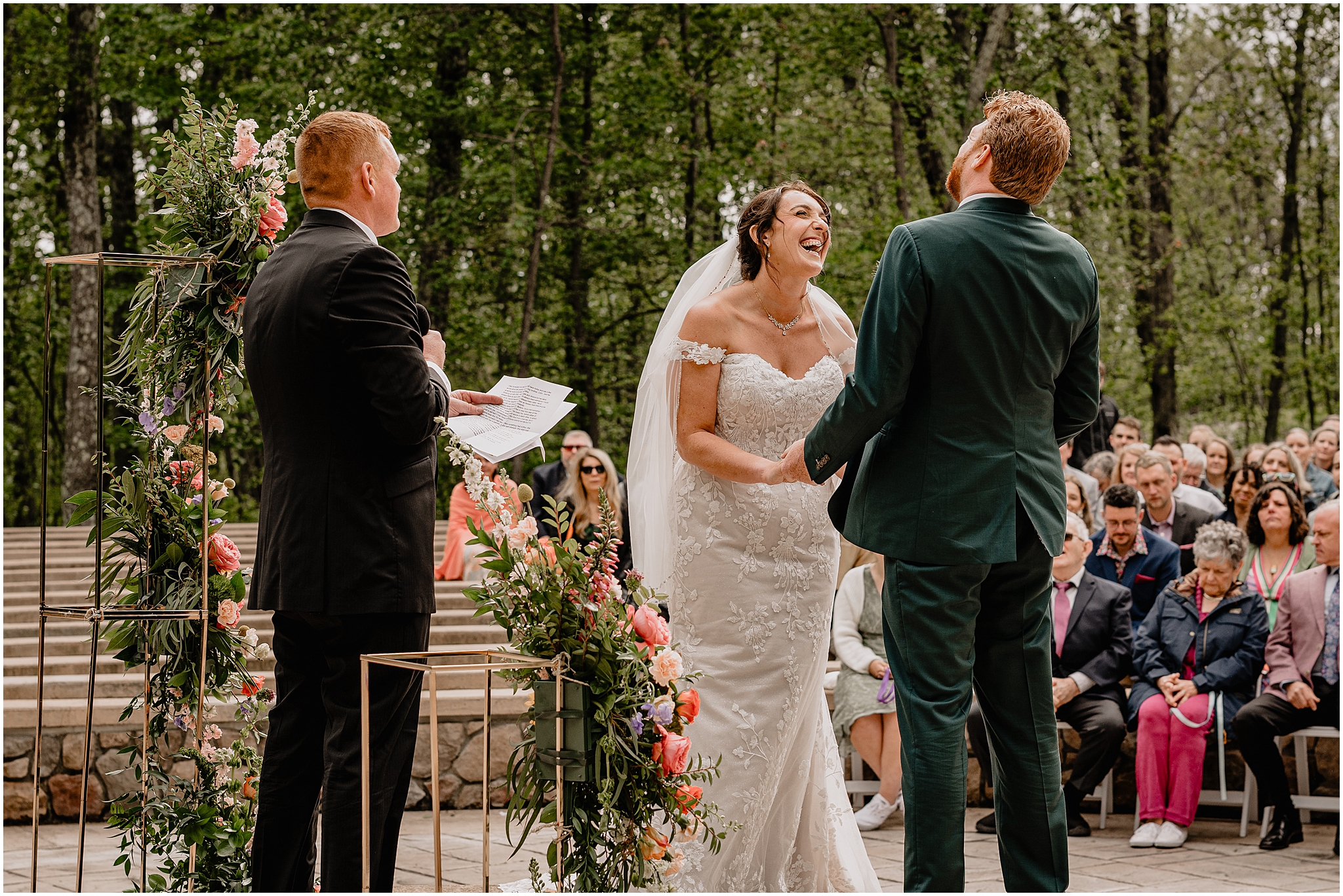 couple's colorful wedding ceremony at Camp Lindenmere
